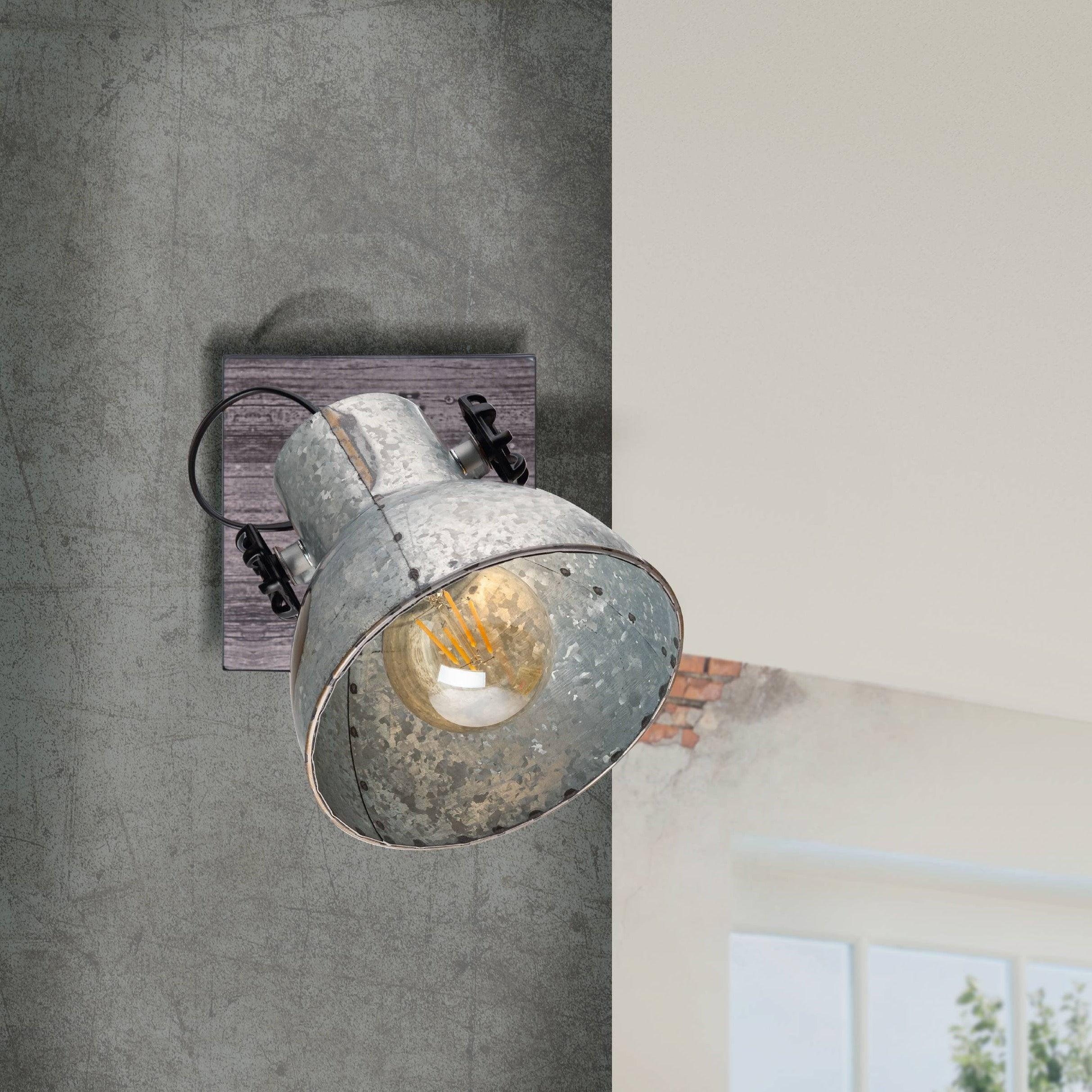 eglo barnstaple wood distressed steel wall spotlight living room close up