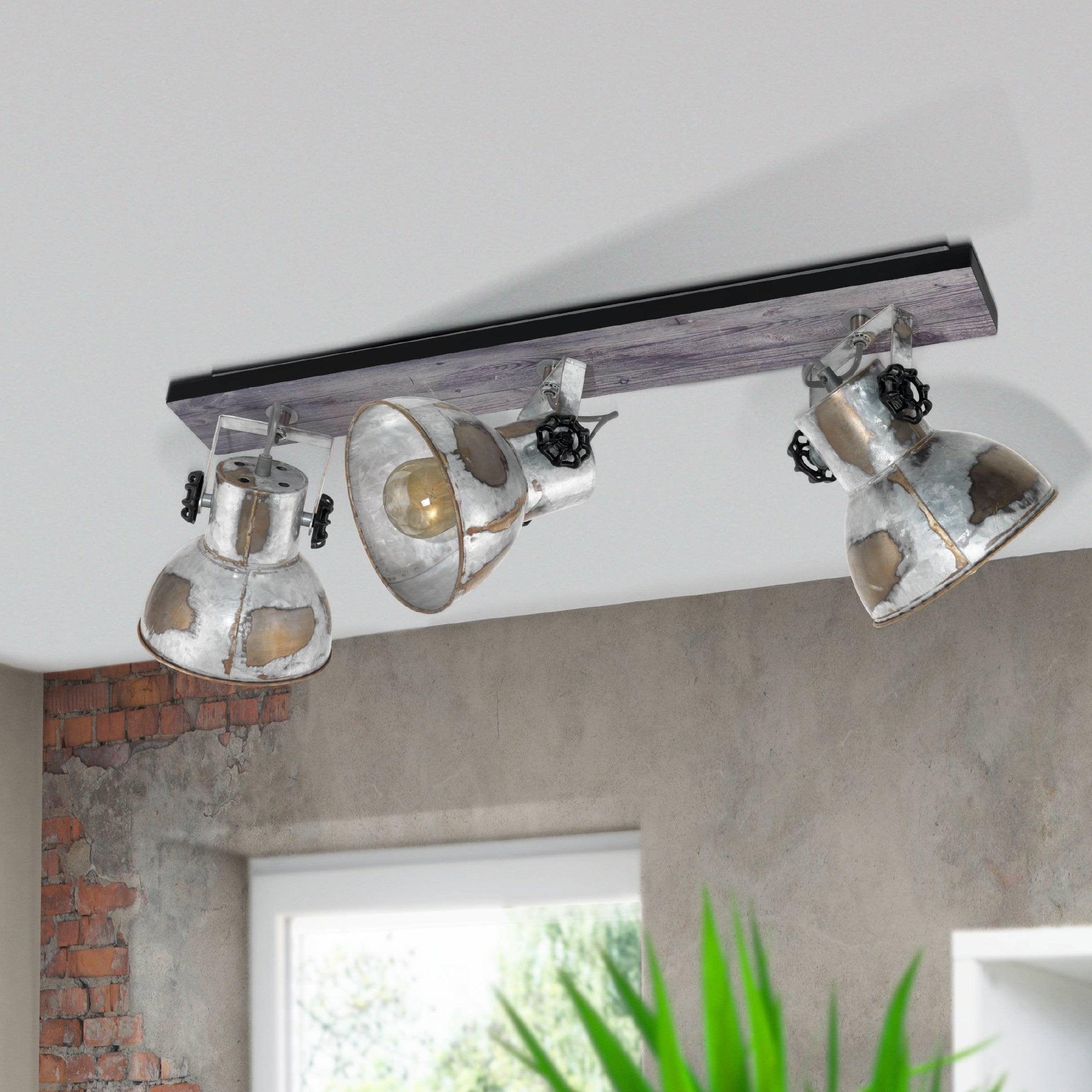 eglo barnstaple wood distressed steel 3 light bar spotlight living room close up