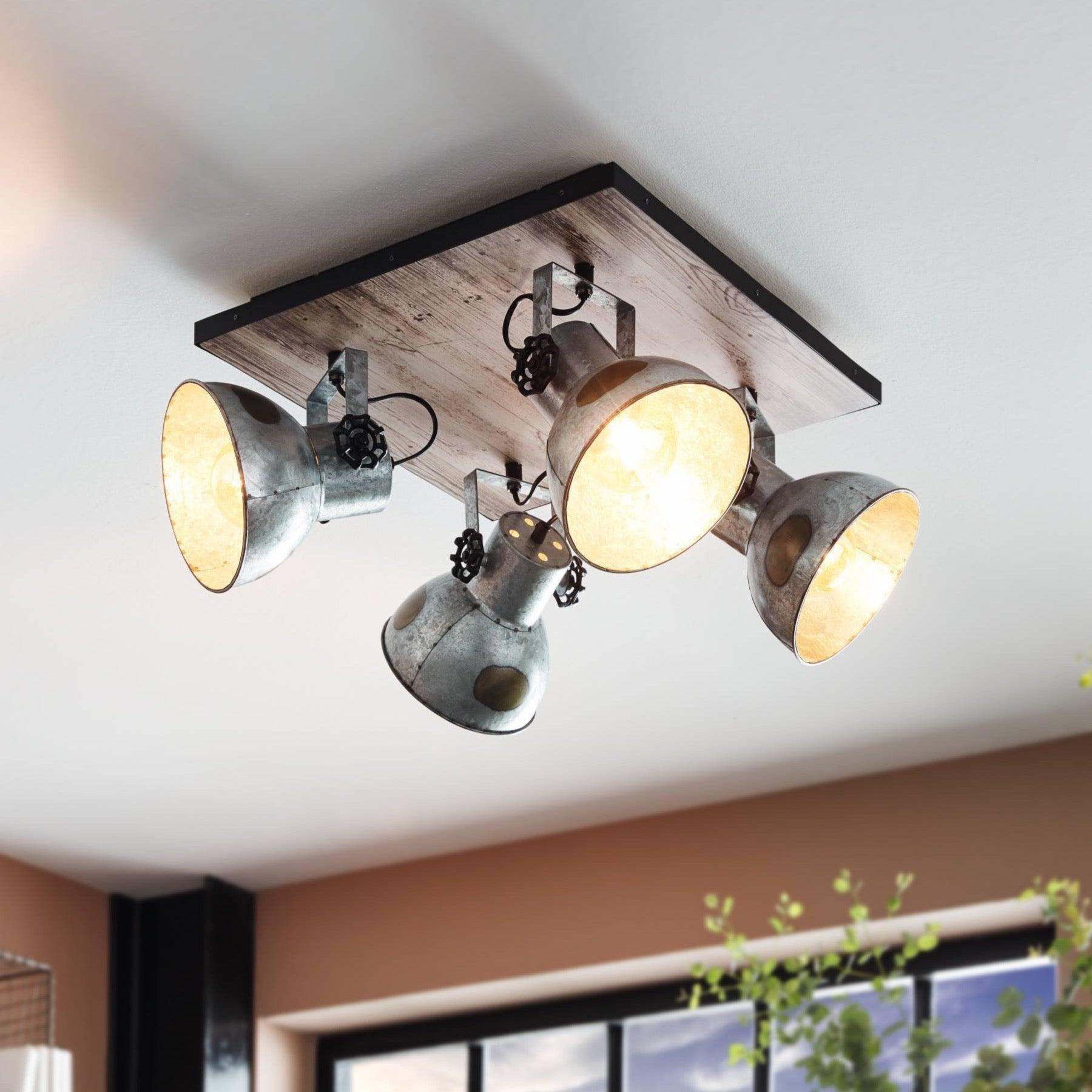 eglo barnstaple wood distressed steel 4 light plate spotlight living room close up