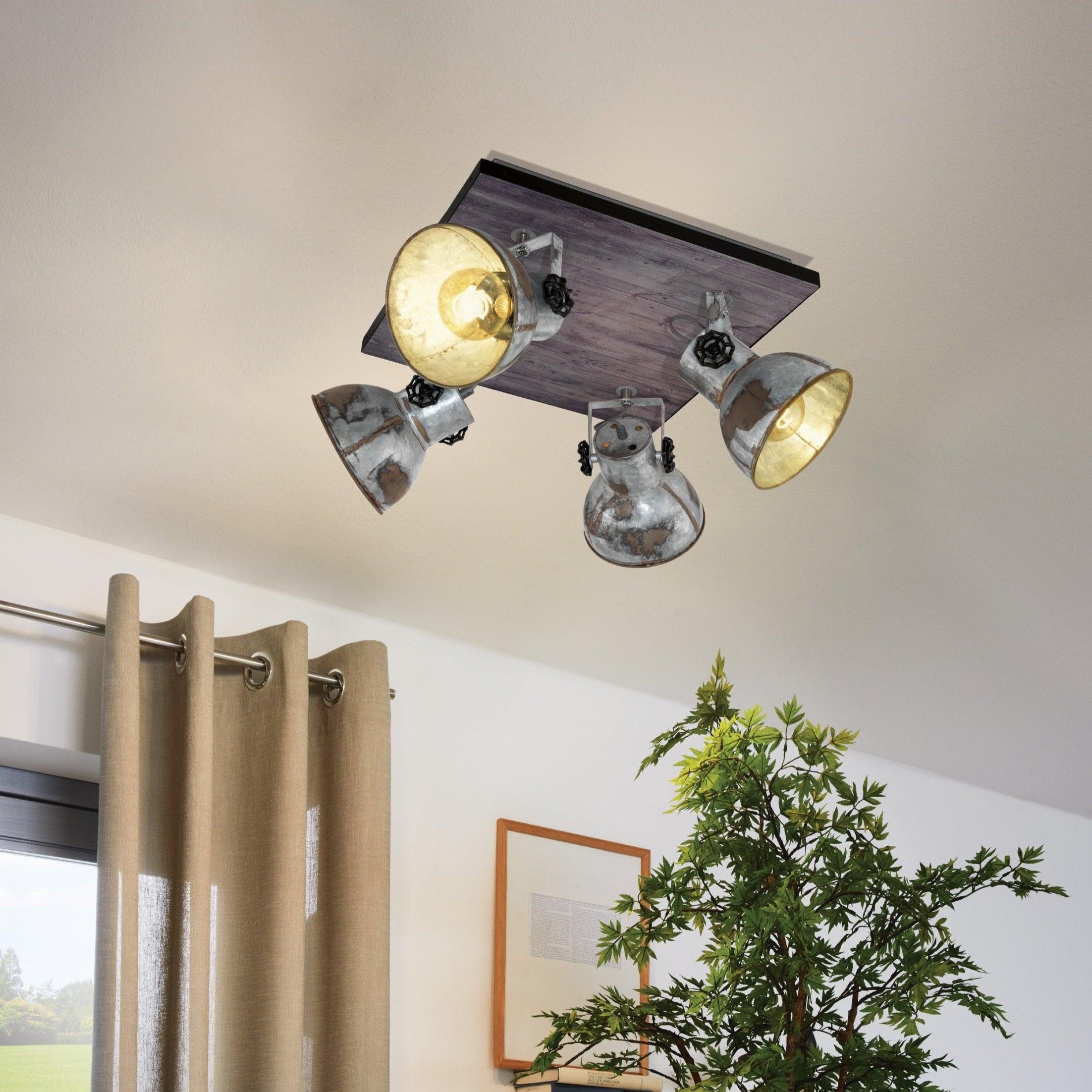 eglo barnstaple wood distressed steel 4 light plate spotlight