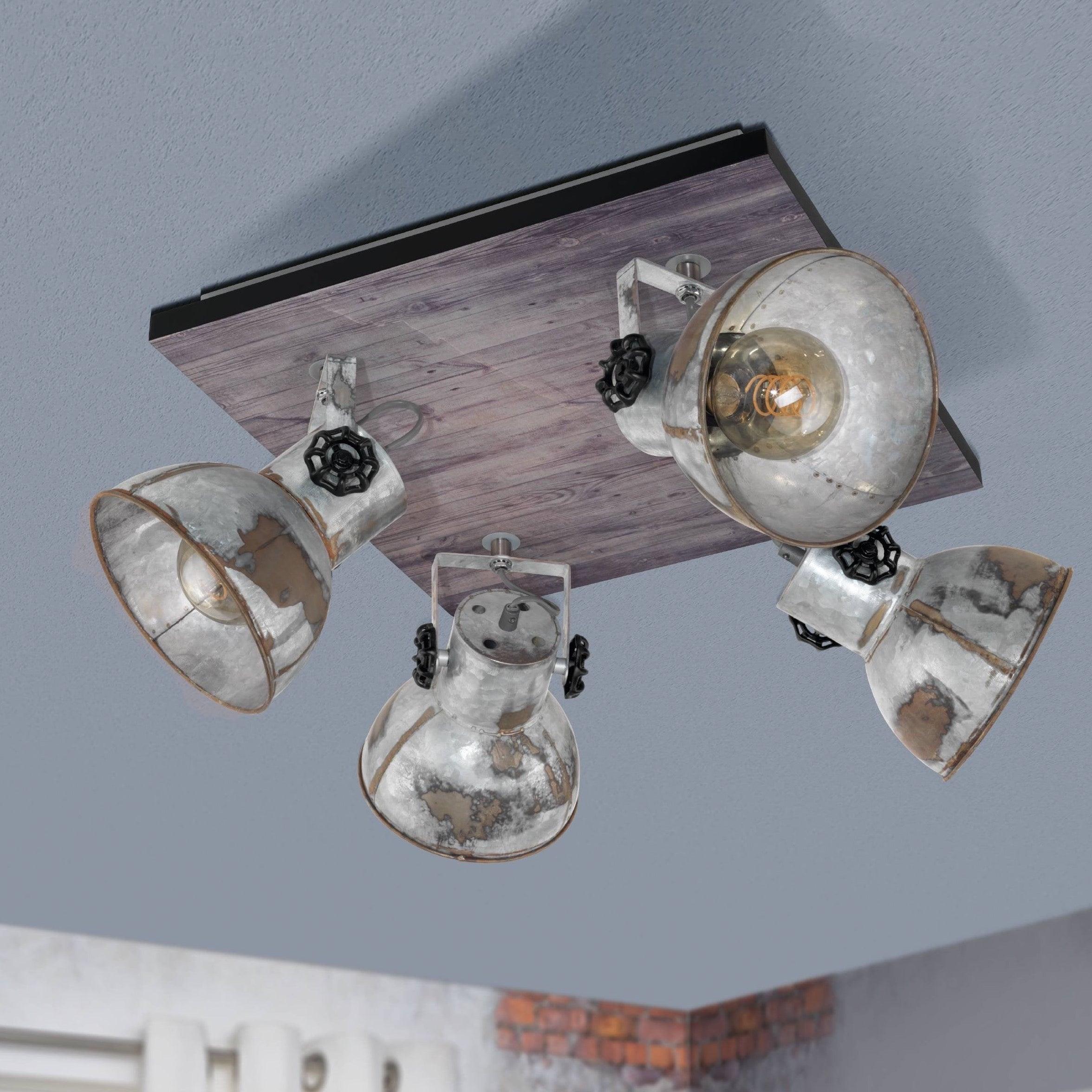 eglo barnstaple wood distressed steel 4 light plate spotlight living room image