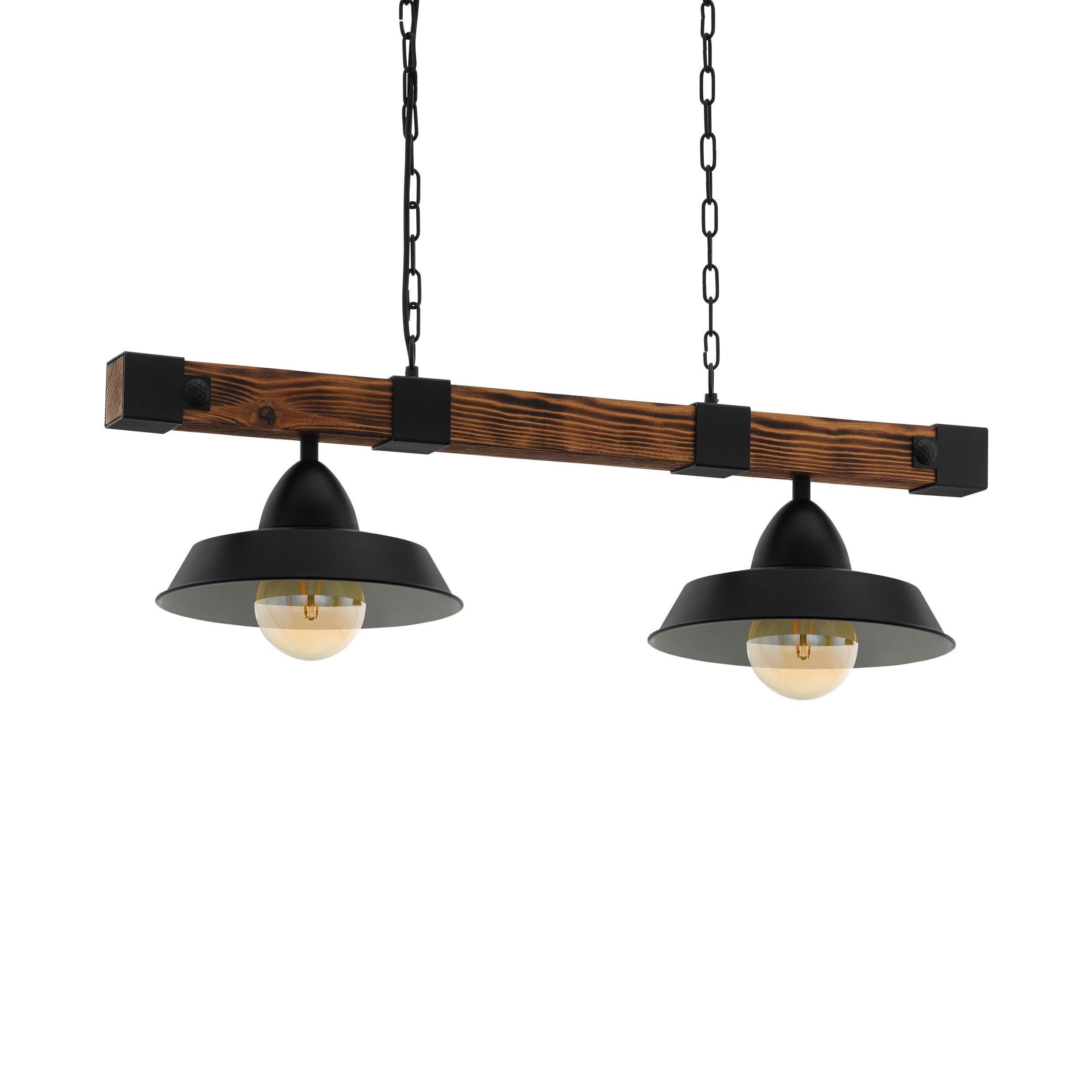 eglo oldbury 2 light burt wood black shaded ceiling pendant living room close up
