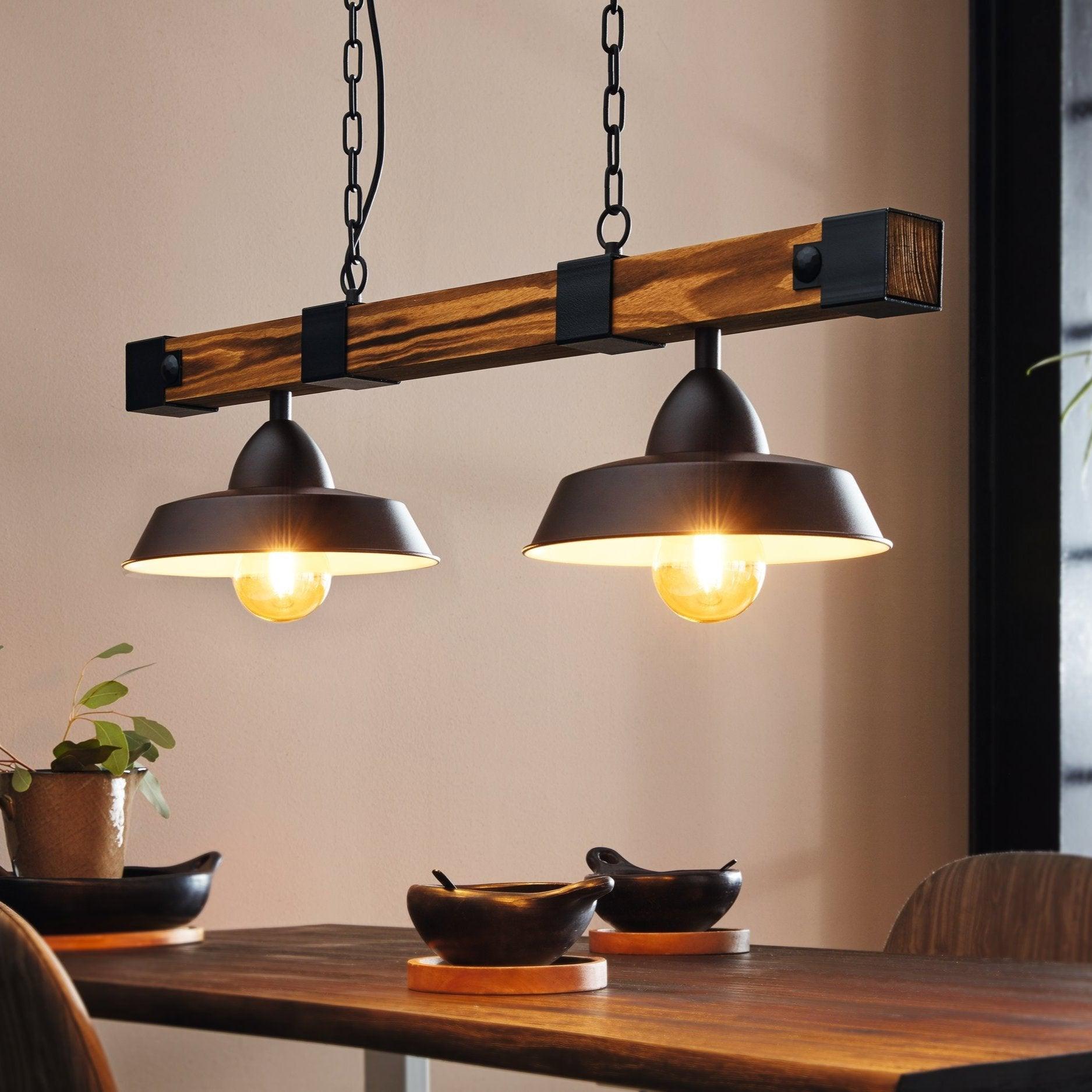 eglo oldbury 2 light burt wood black shaded ceiling pendant