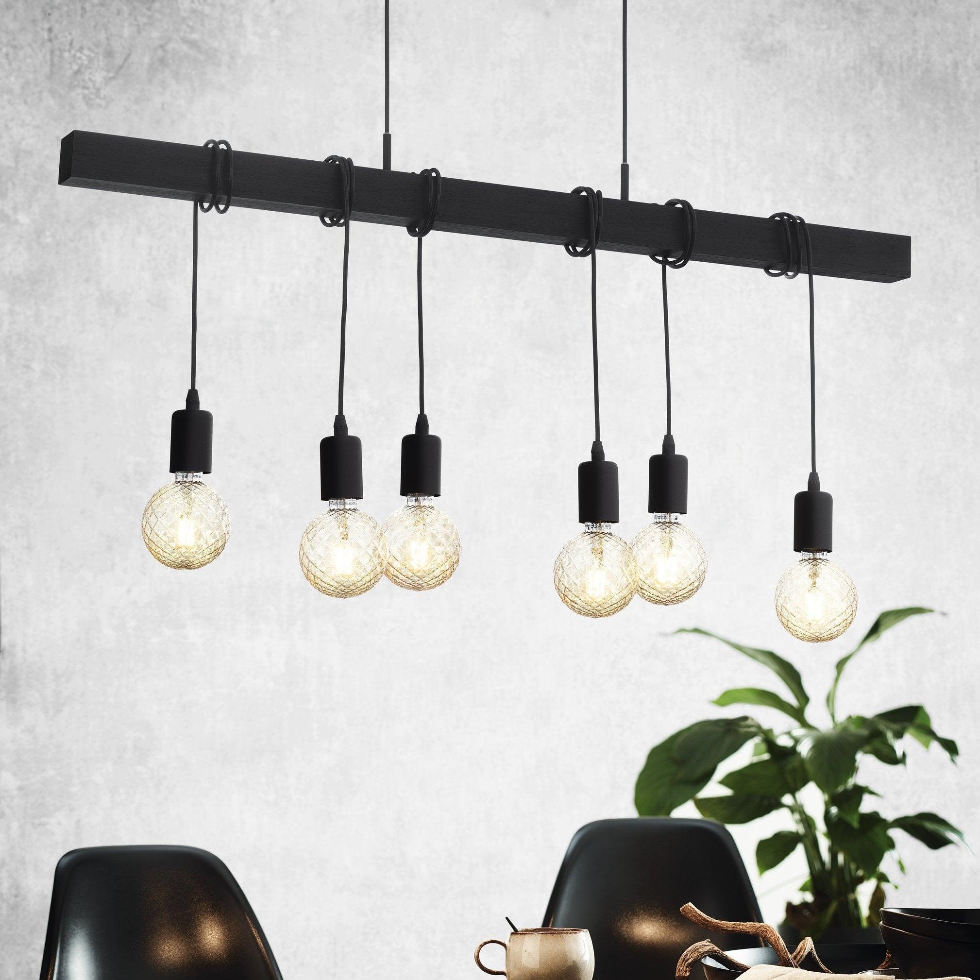 eglo townshend 6 light black wood beam adjustable bar pendant living room image