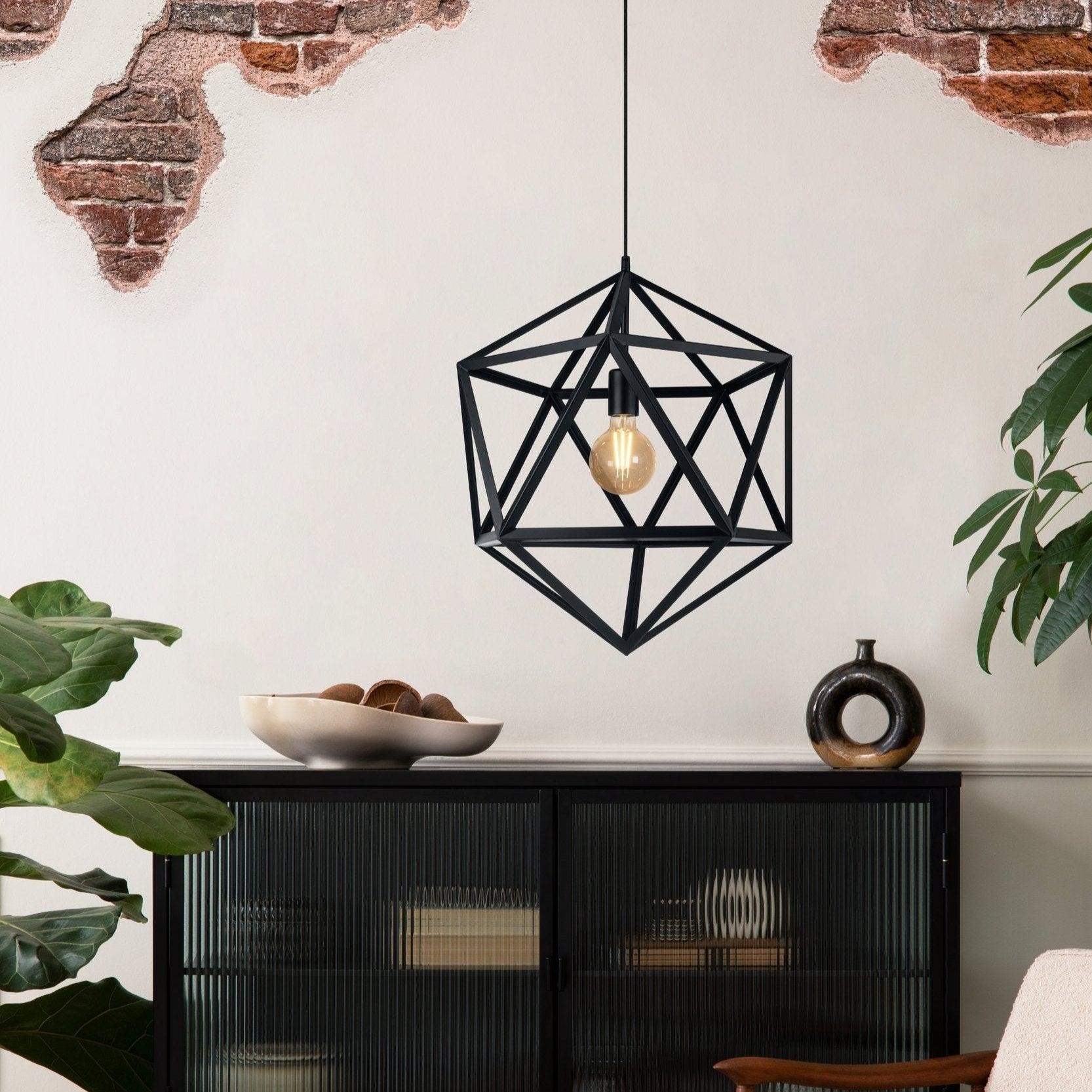 eglo embleton black diamond shaped metal ceiling pendant 46cm living room close up