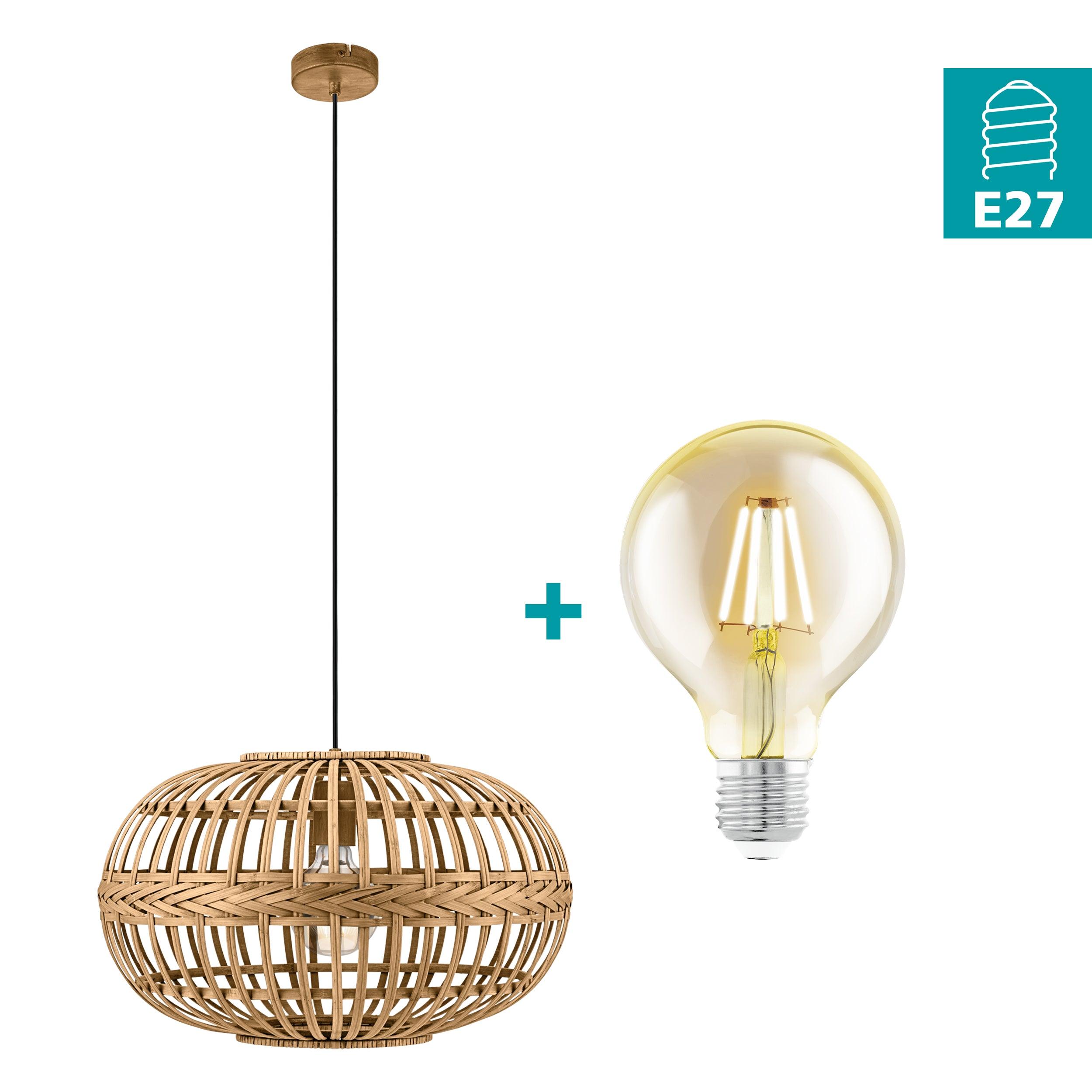 eglo amsfield round bamboo wicker ceiling pendant living room close up