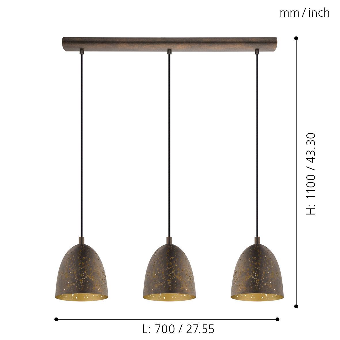 eglo safi 3 light brown metal gold ceiling pendant living room close up