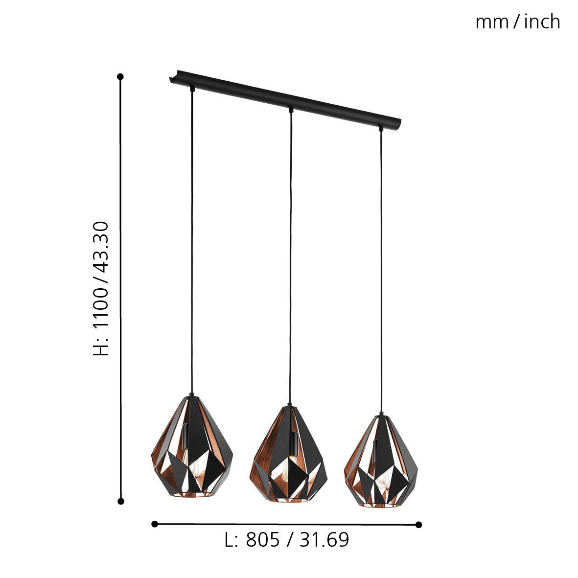 eglo carlton 1 3 light black copper metal ceiling pendant living room close up