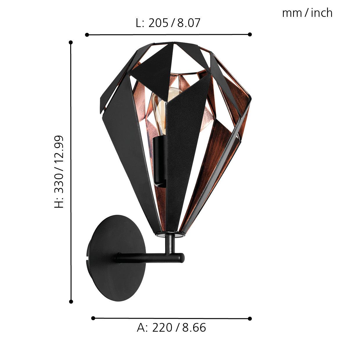 eglo carlton 1 black copper lined wall light living room close up