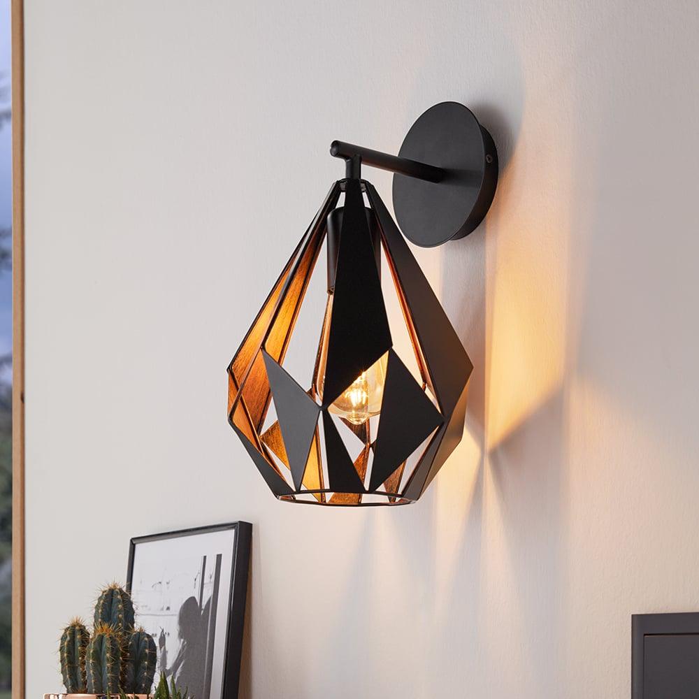 eglo carlton 1 black copper lined wall light