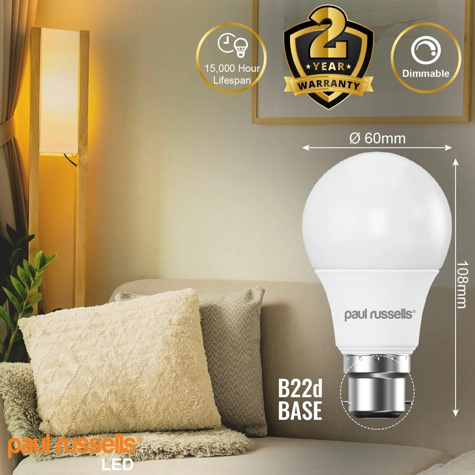 LED Dimmable B22 8.5W (60W) Warm White GLS Bayonet Cap Light Bulb