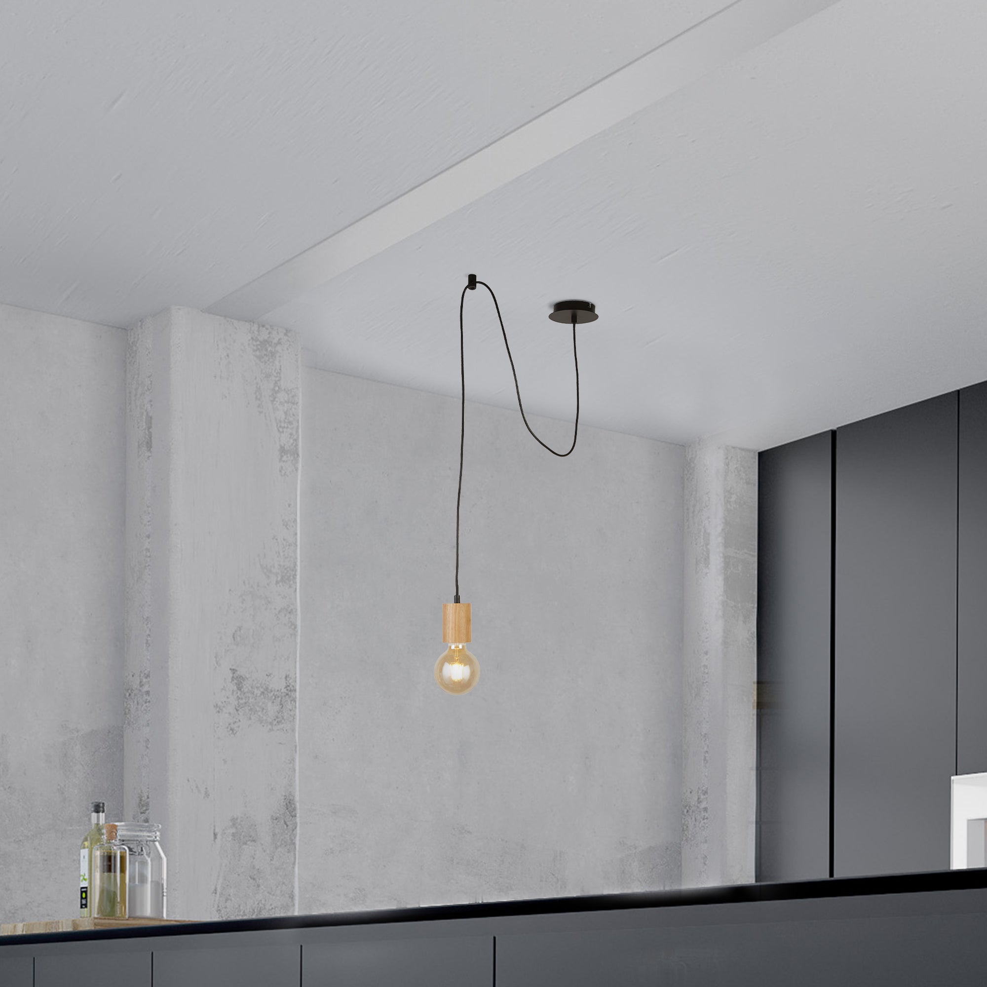 Searchlight Spinny Wood & Black Pendant