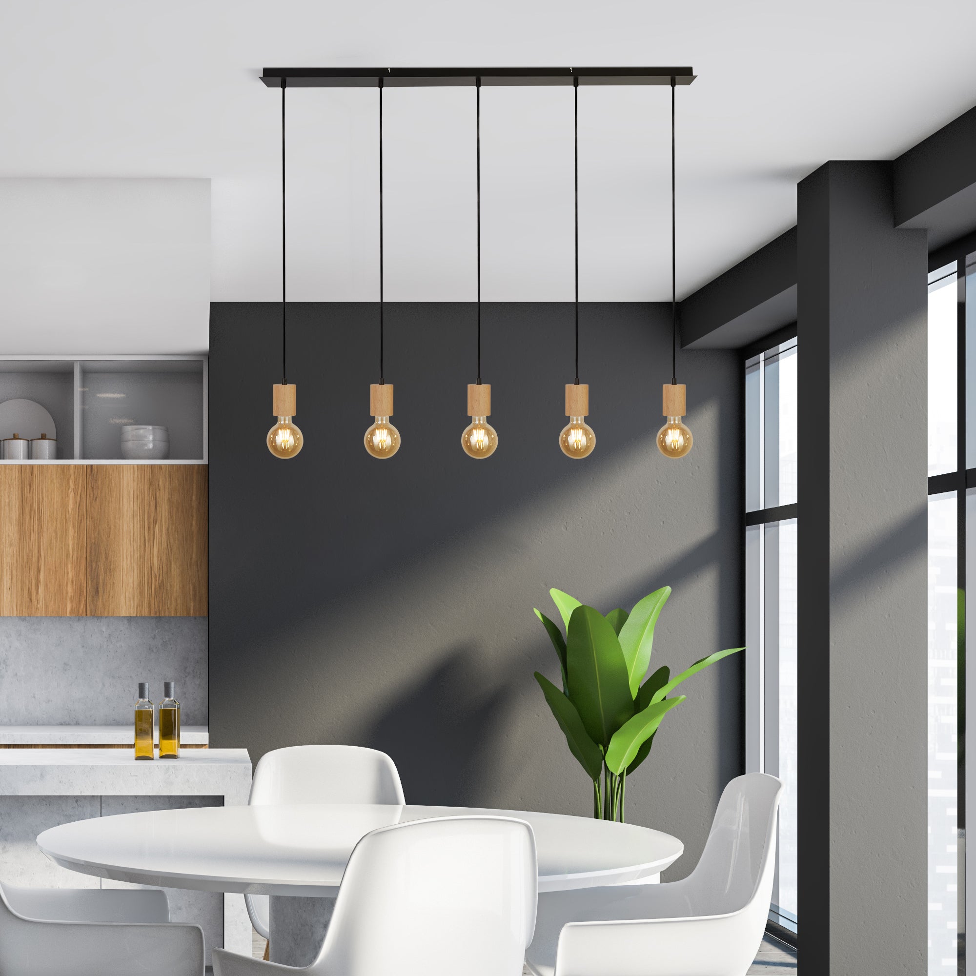 Searchlight Spinny Wood & Black 5 Light Bar Pendant