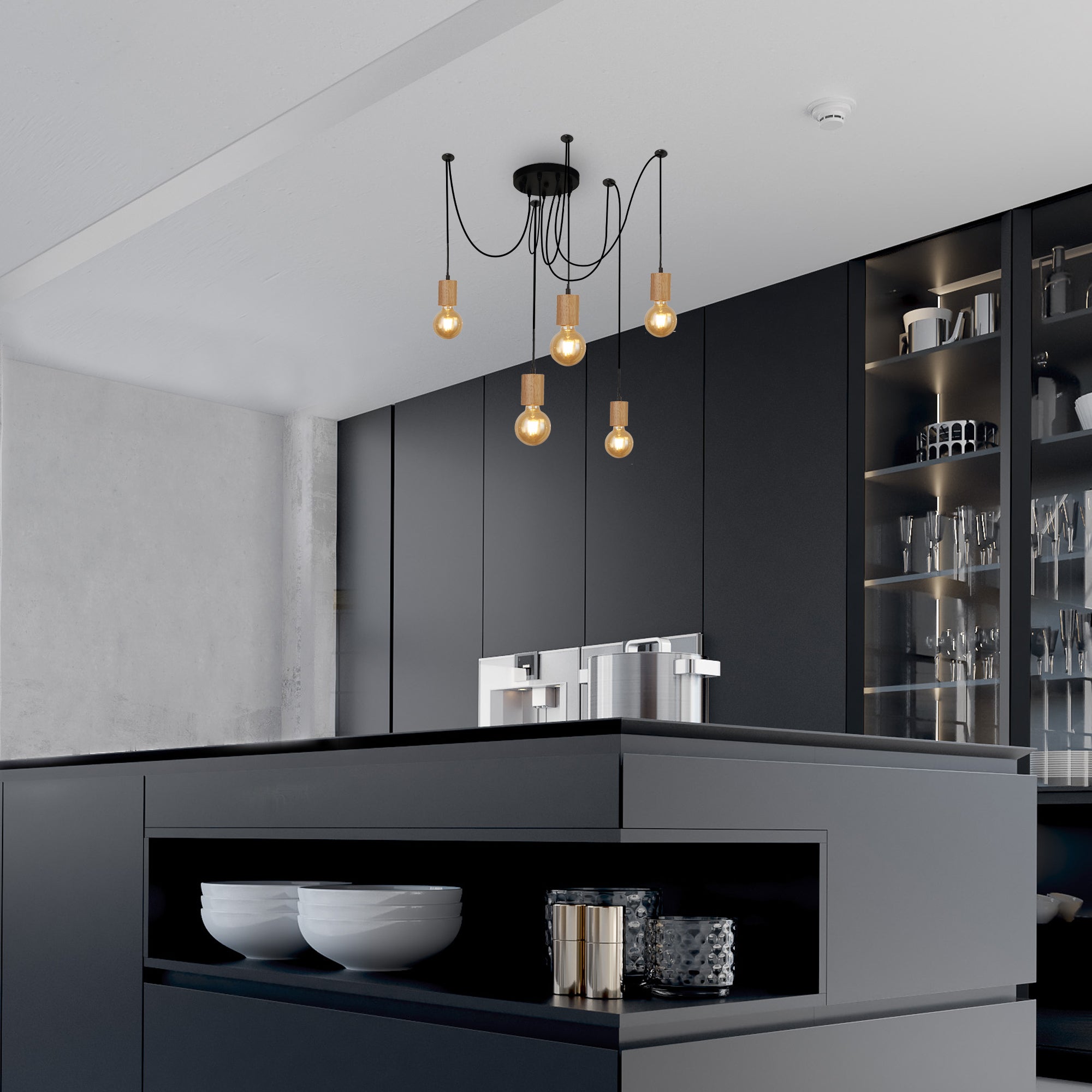 Searchlight Spinny Wood & Black 5 Light Pendant