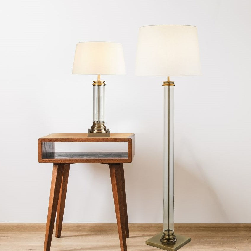 Searchlight Pedestal Brass & Glass Table Lamp - Cream Fabric Shade