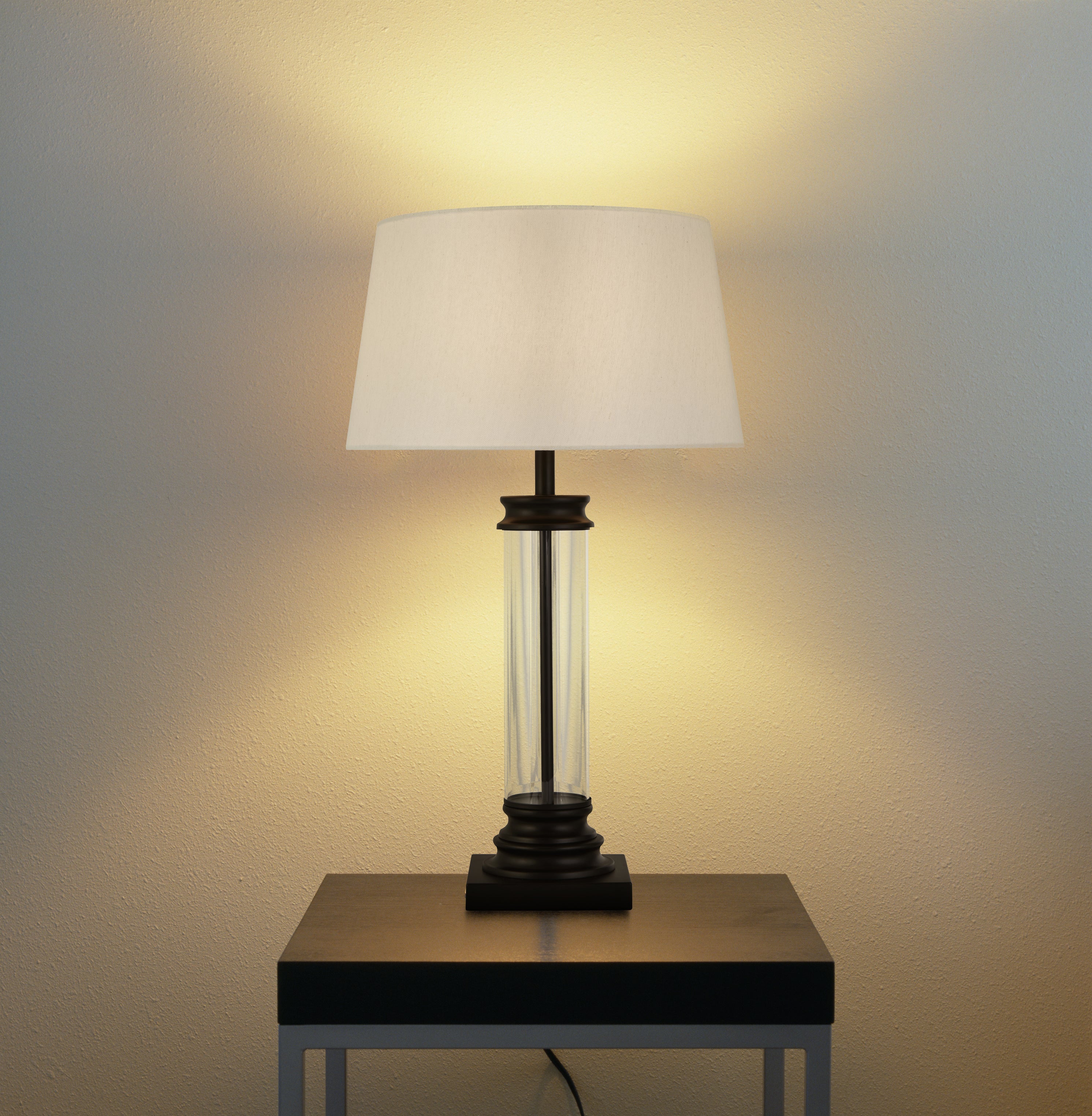 Searchlight Pedestal Black & Glass Table Lamp - White Fabric Shade