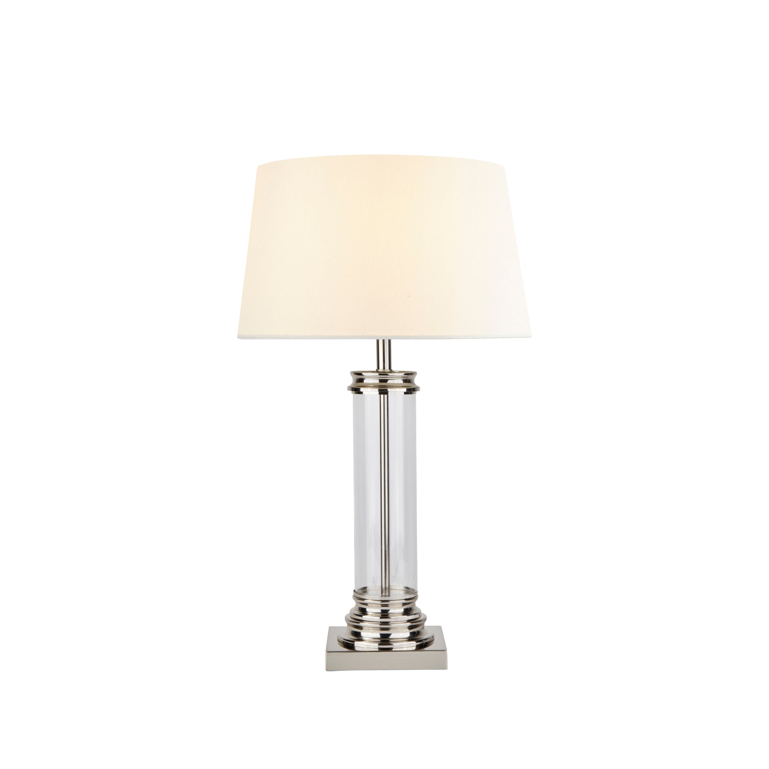 Searchlight Pedestal Silver & Glass Table Lamp - Cream Fabric Shade