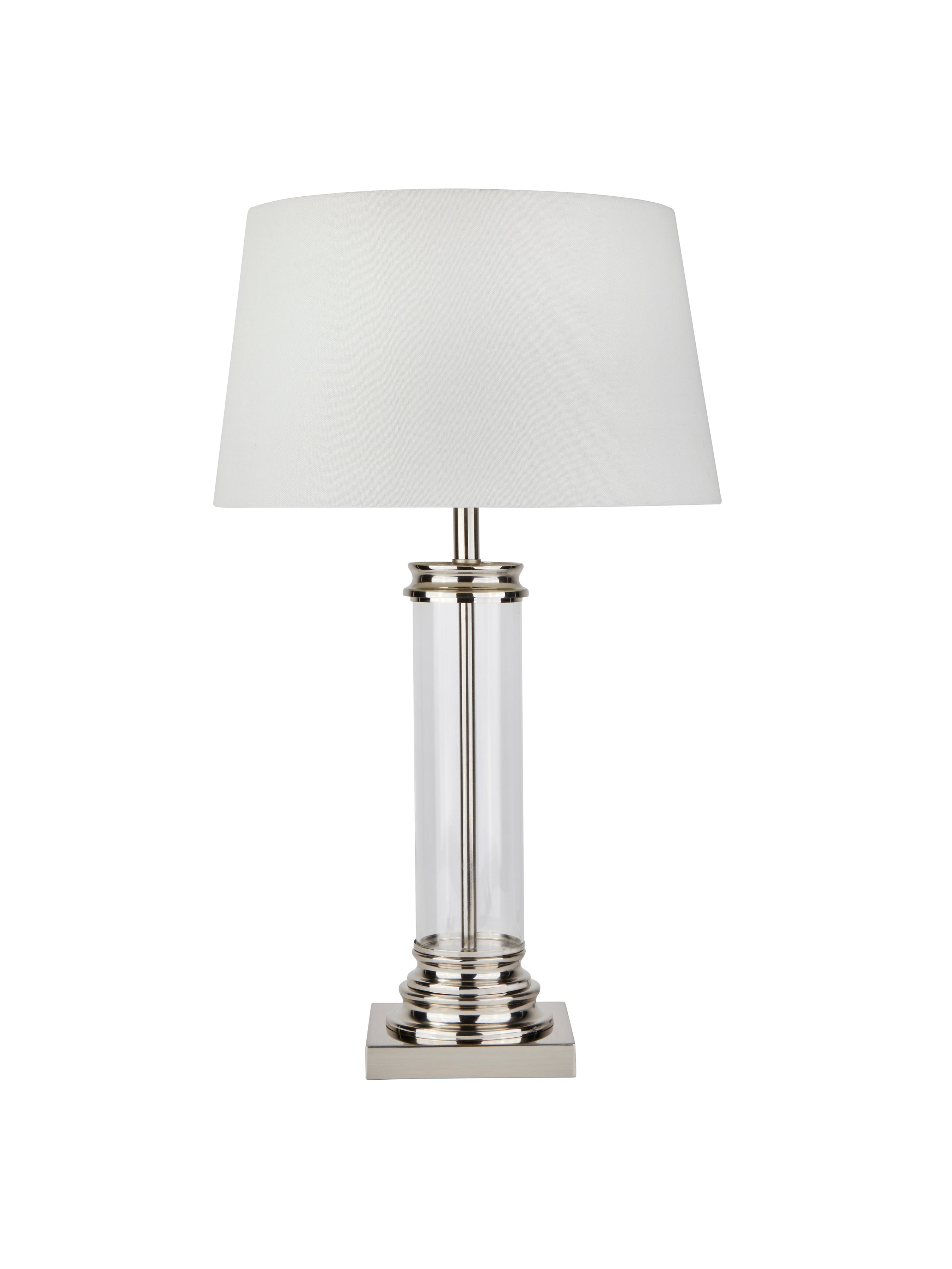 Searchlight Pedestal Silver & Glass Table Lamp - Cream Fabric Shade