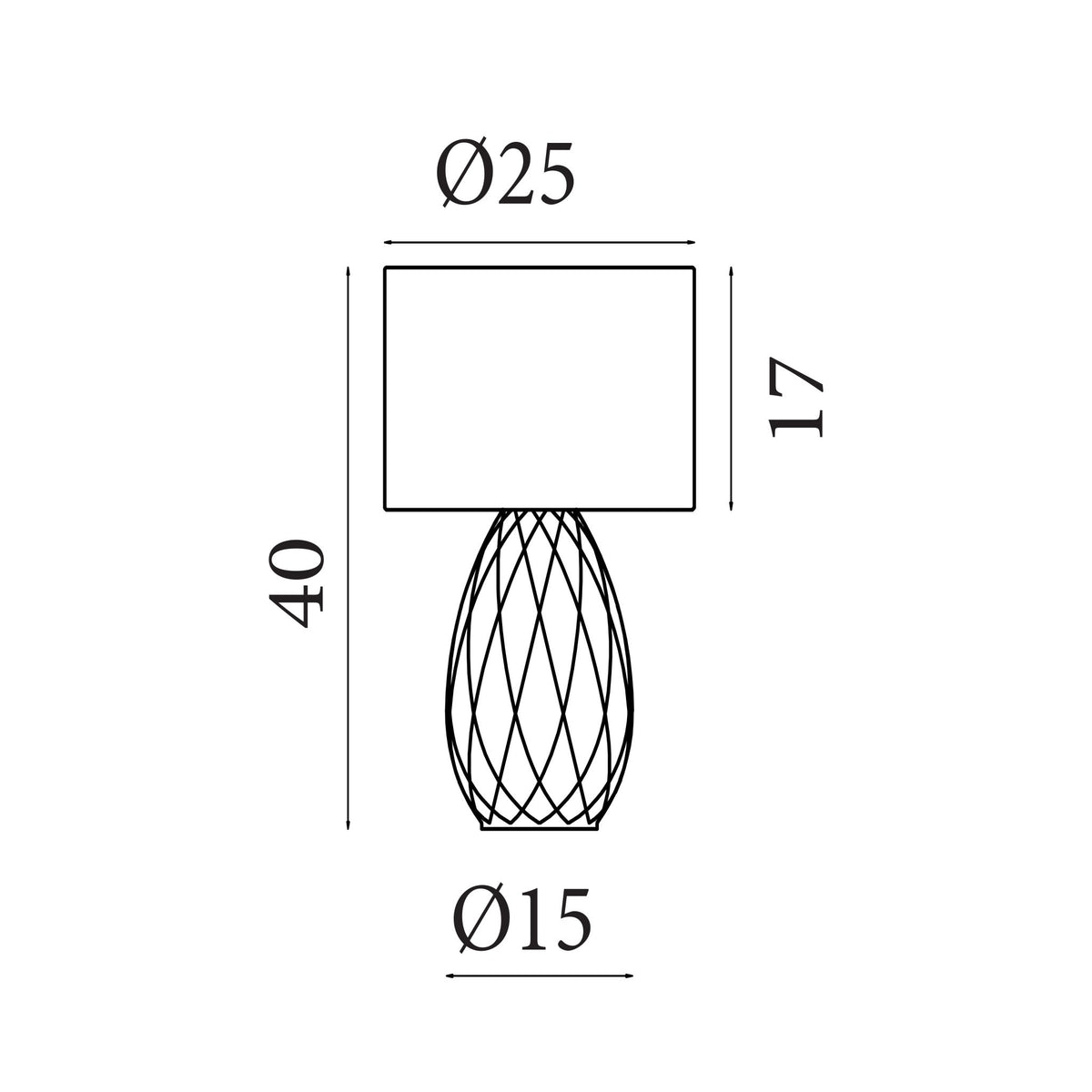 Dimension diagram of the Diane, Champagne Glass, Table Lamp - Rattan Shade with height and width in cm.