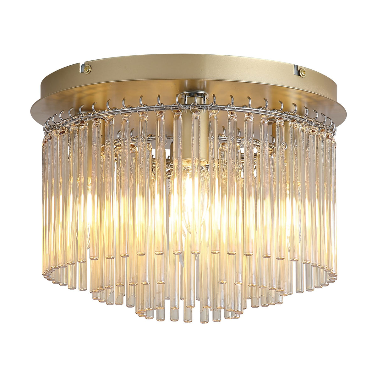 Swizzle flush ceiling light lit in gold with two tiers of champagne glass rods