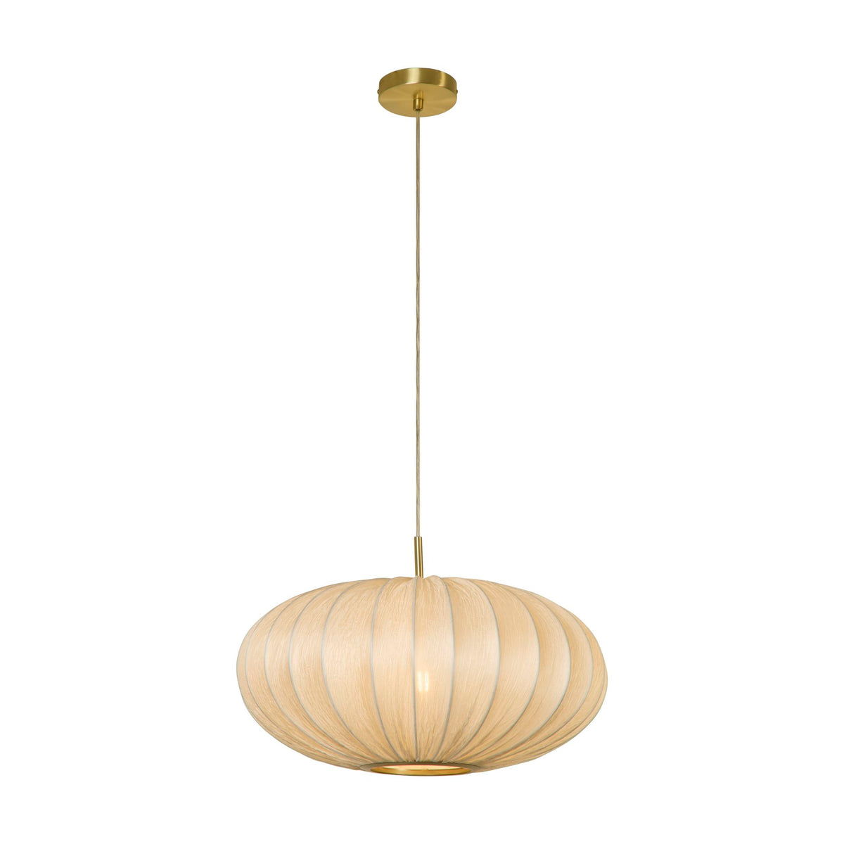 Bonnie pendant lit with ivory pleated fabric oval shade and satin brass fitting