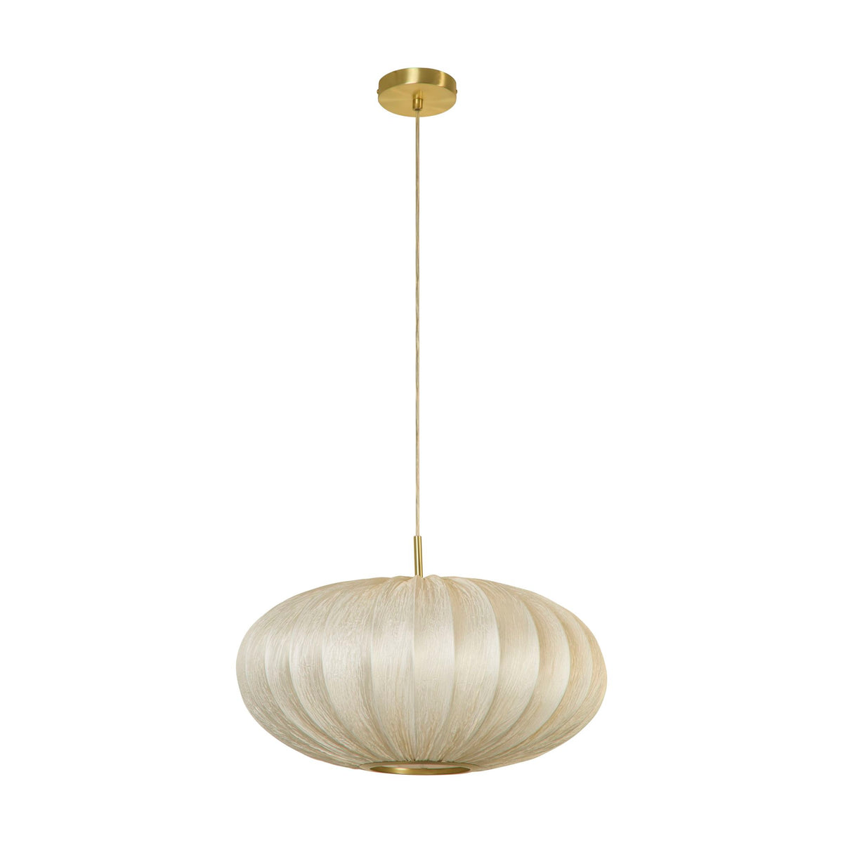Bonnie satin brass pendant unlit with ivory pleated fabric shade on a white background