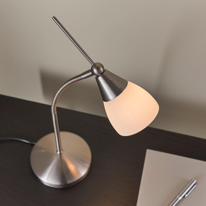Endon Range Satin Chrome Finish & White Glass Table Lamp - Lifestyle Shot Close Up