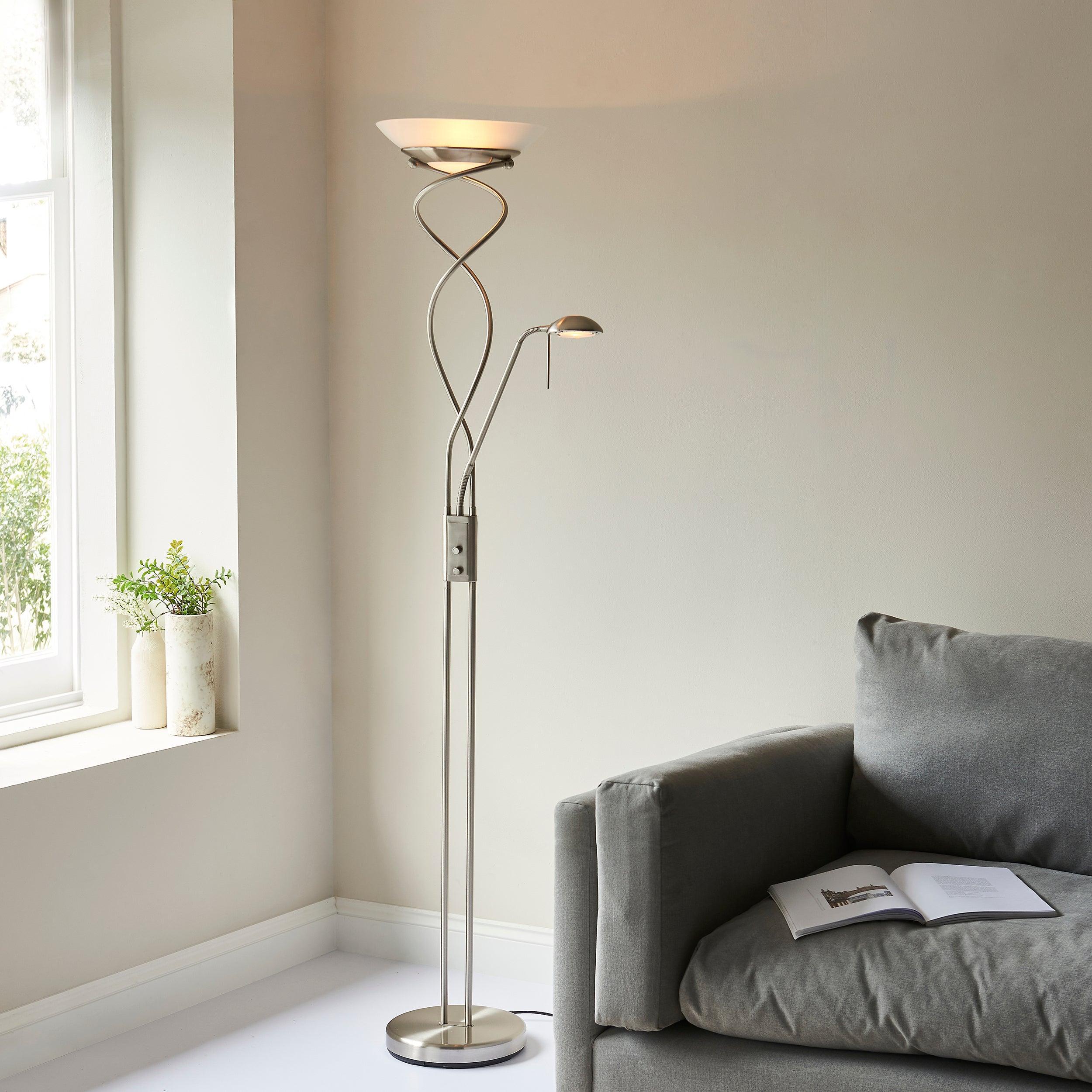 monaco satin chrome finish and opal glass floor lamp by Endon Lighting Living Room Close Up 212