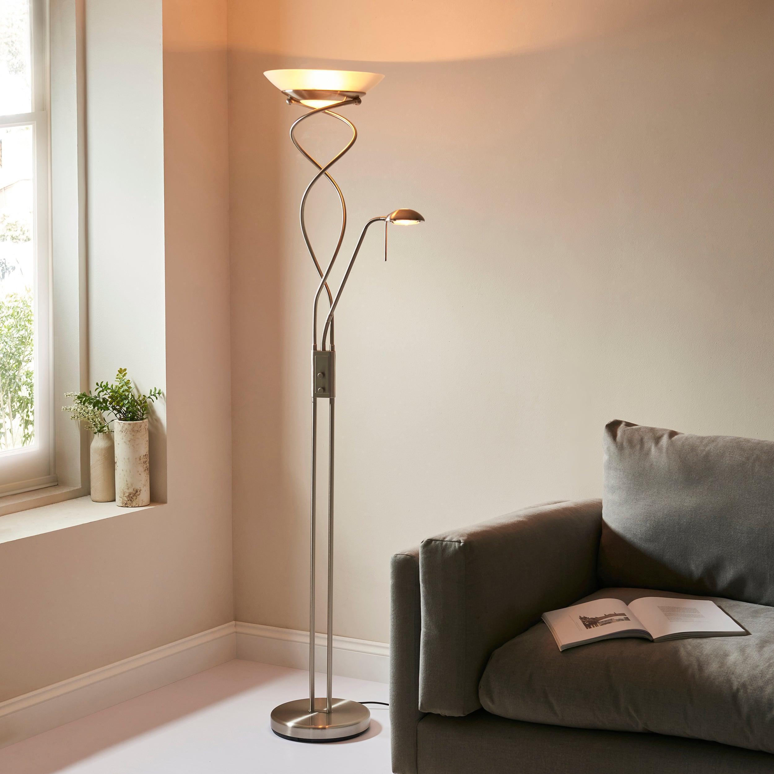 monaco satin chrome finish and opal glass floor lamp by Endon Lighting Living room close up image