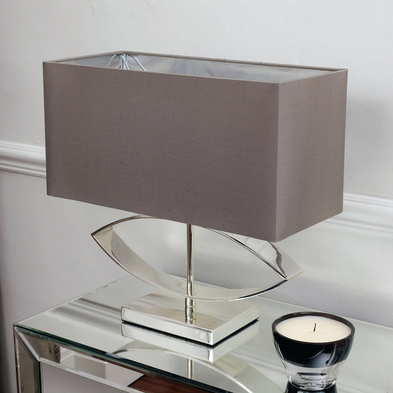 Endon Tramini Silver Finish And Taupe Silk Table Lamp-Endon Lighting-Living-Room-Tiffany Lighting Direct-[image-position]