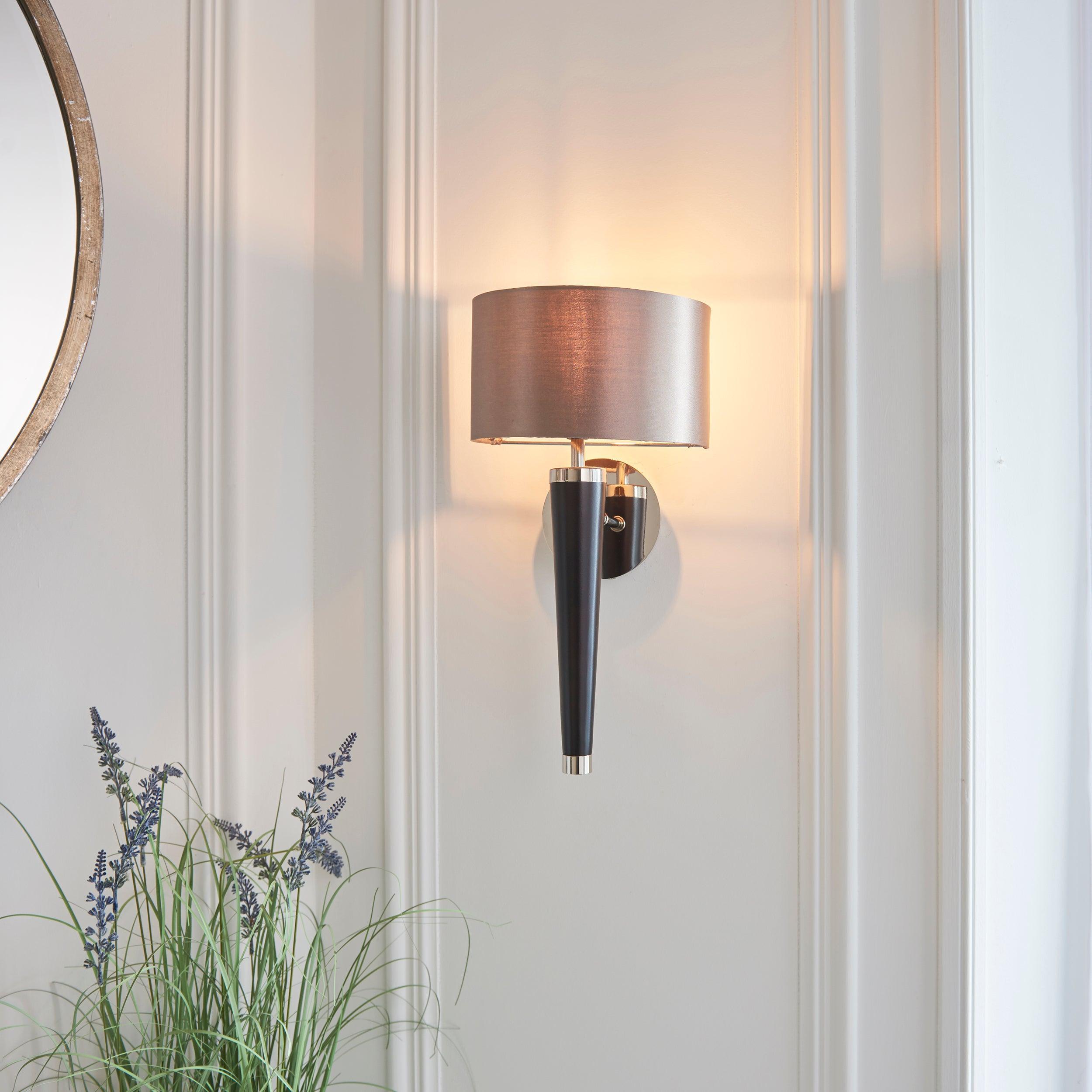 corvina walnut effect wood and mink faux silk wall light by Endon Lighting Living room image