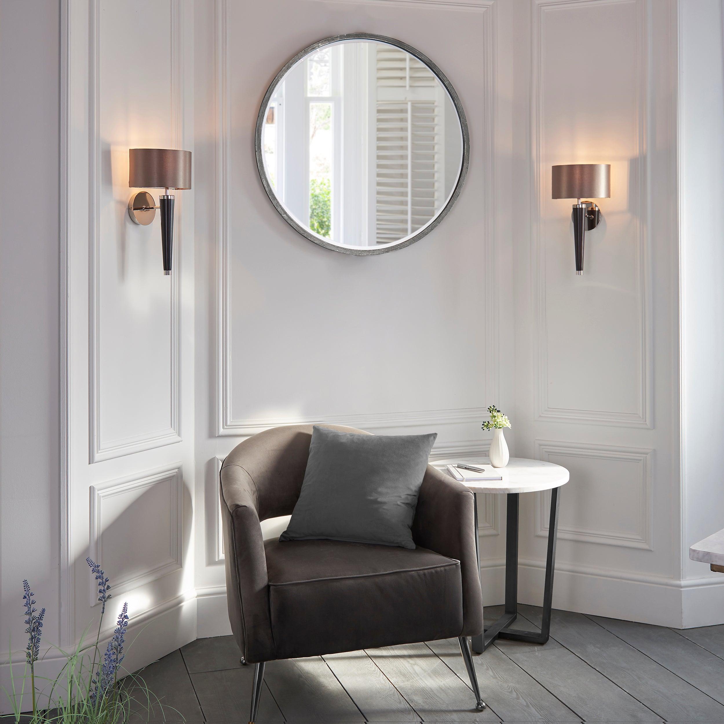 corvina walnut effect wood and mink faux silk wall light by Endon Lighting Bedroom Hero Shot