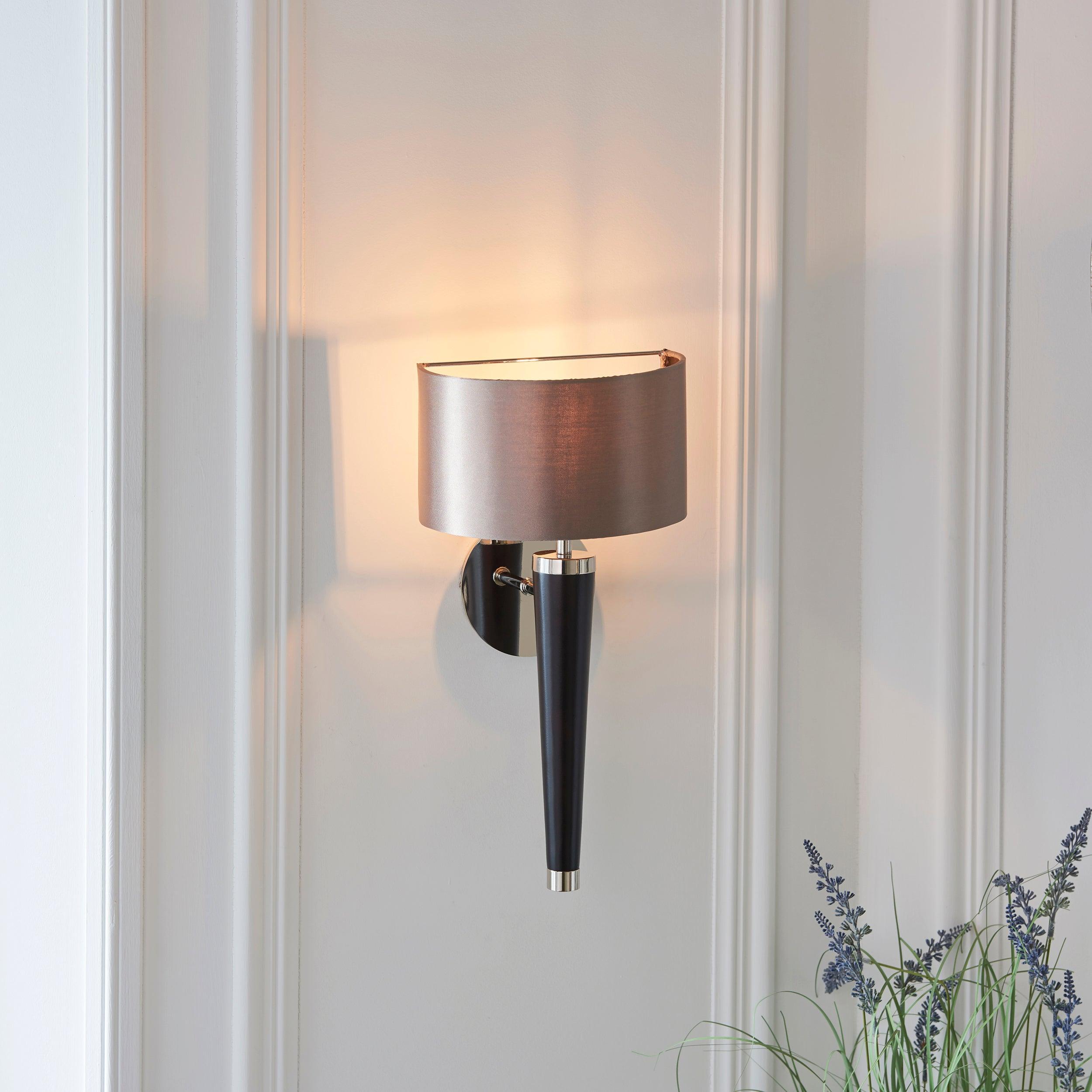 corvina walnut effect wood and mink faux silk wall light by Endon Lighting Bedroom Close Up Image