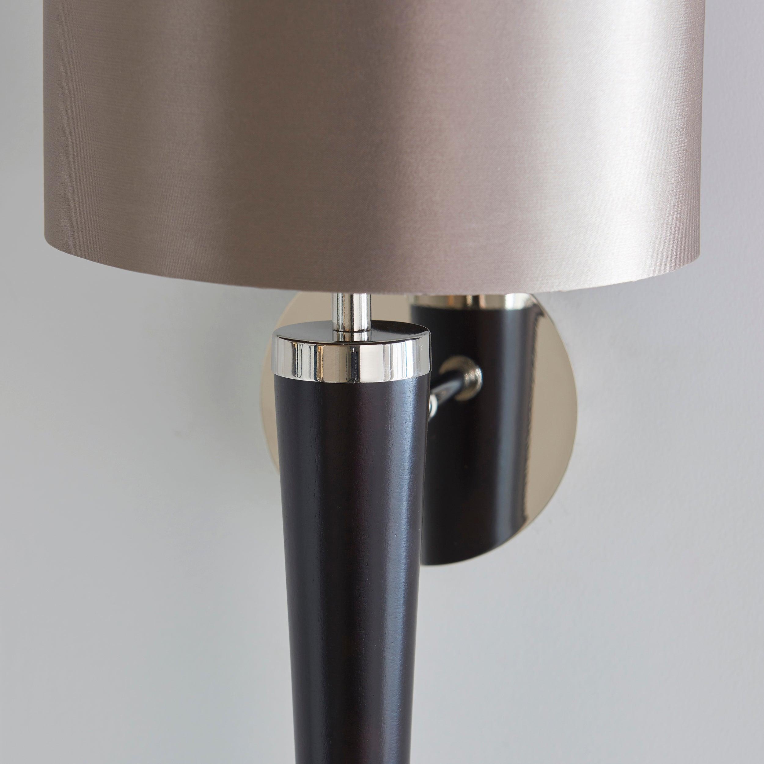 corvina walnut effect wood and mink faux silk wall light by Endon Lighting Hallway lights Close Up