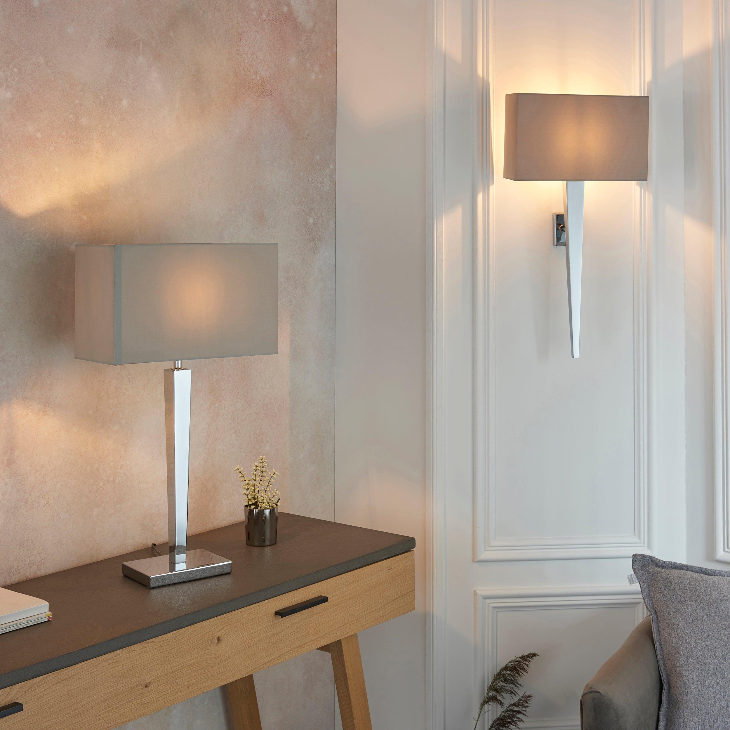 moreto chrome finish and grey faux silk wall light by Endon Lighting Bedroom Hero Shot