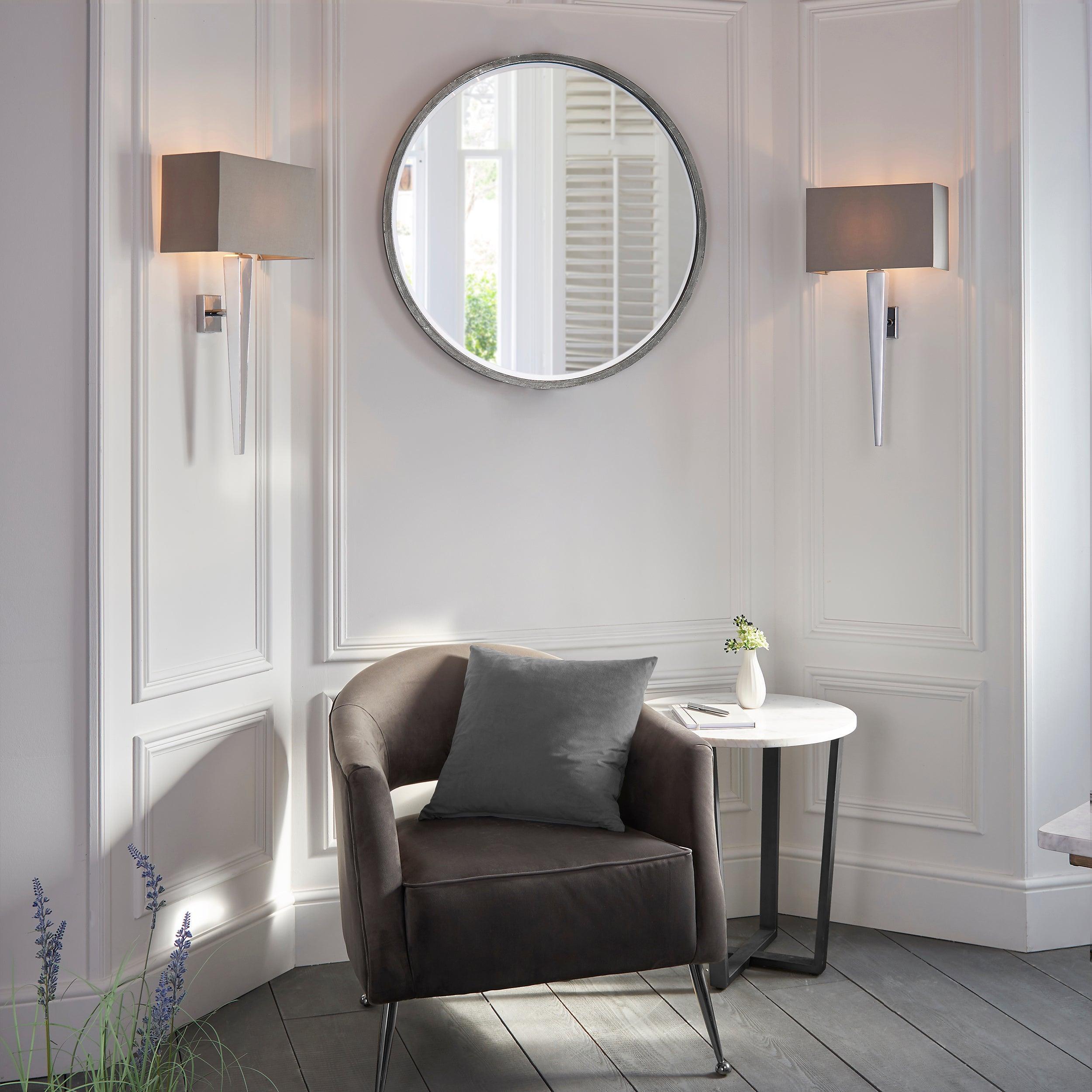 moreto chrome finish and grey faux silk wall light by Endon Lighting Living Room Close Up 214