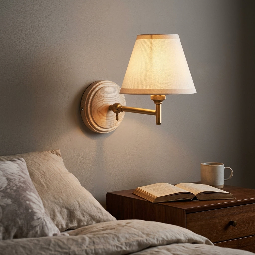Wood Fold Wall Light & Ivy 16cm Vintage white Shade by Endon Lighting — suits living rooms, bedrooms & hallways