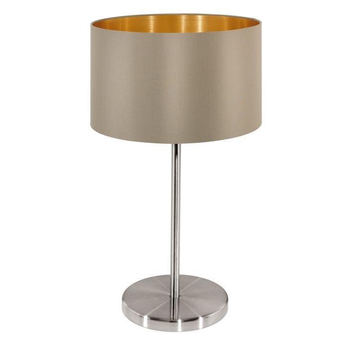 eglo maserlo nickel table lamp with taupe gold fabric shade living room image