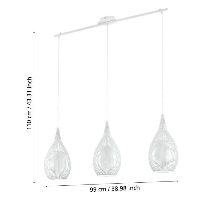 eglo razoni 3 light white rounded wire glass shaded pendant living room close up