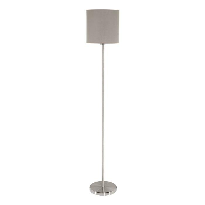 eglo pasteri nickel floor lamp with taupe fabric shade living room close up