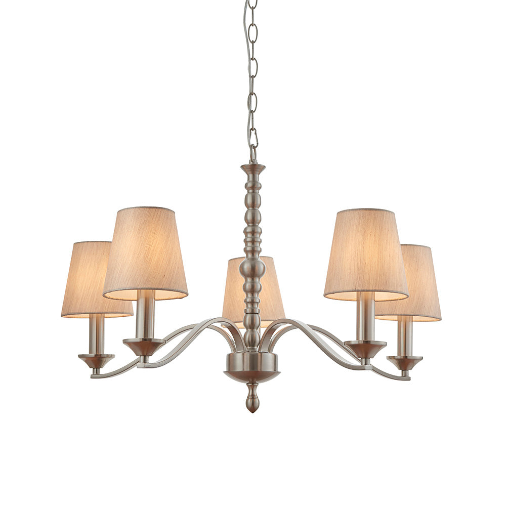 Endon Astaire 5 Arm Satin Nickel Chandelier - Cotton Shades