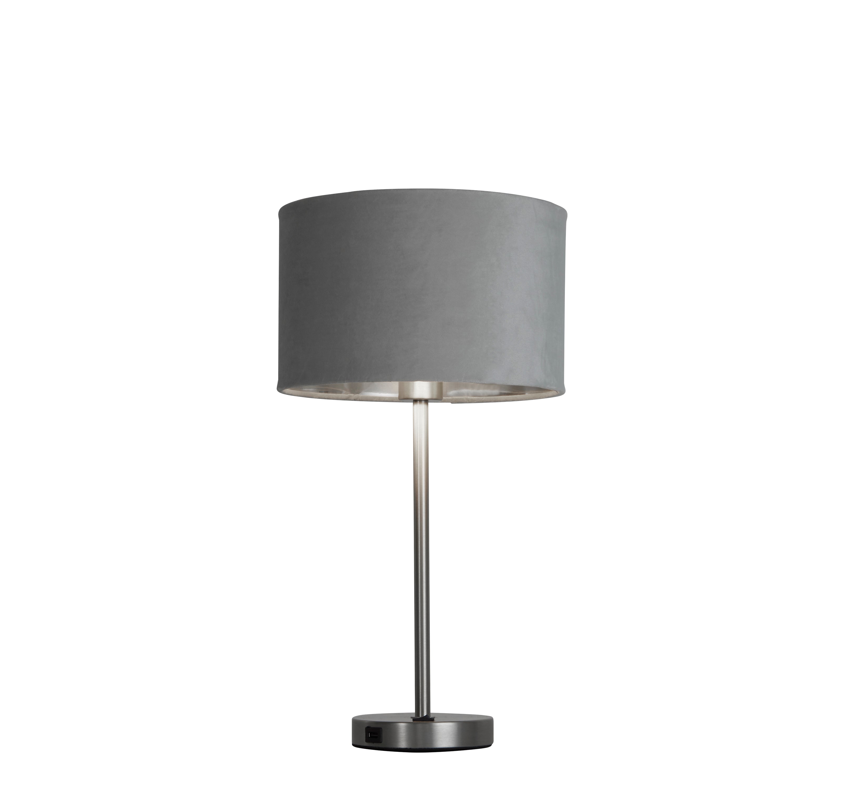 Finn USB Table Lamp - Satin Nickel Metal & Grey Velvet Shade