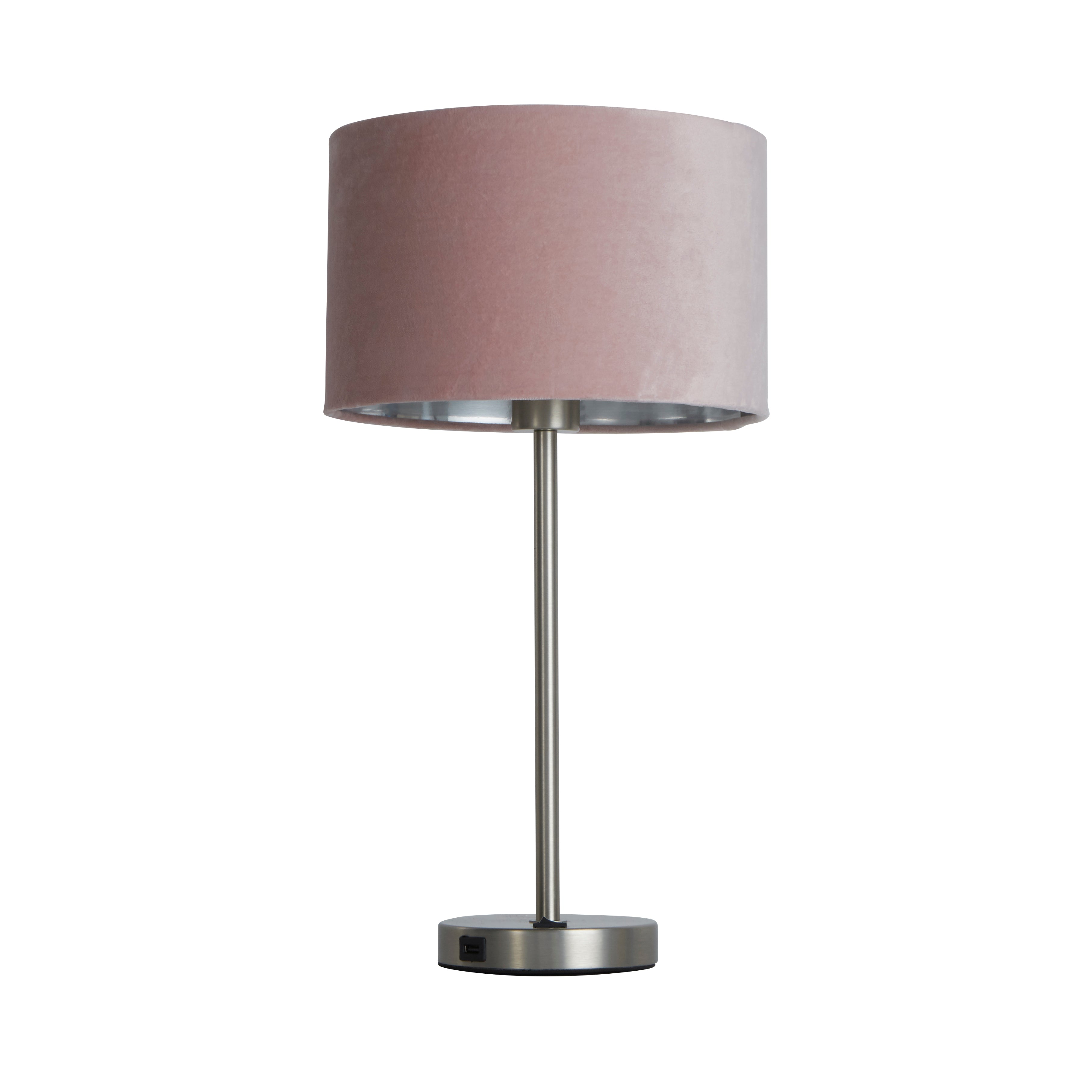 Finn USB Table Lamp - Satin Nickel Metal & Pink Velvet Shade