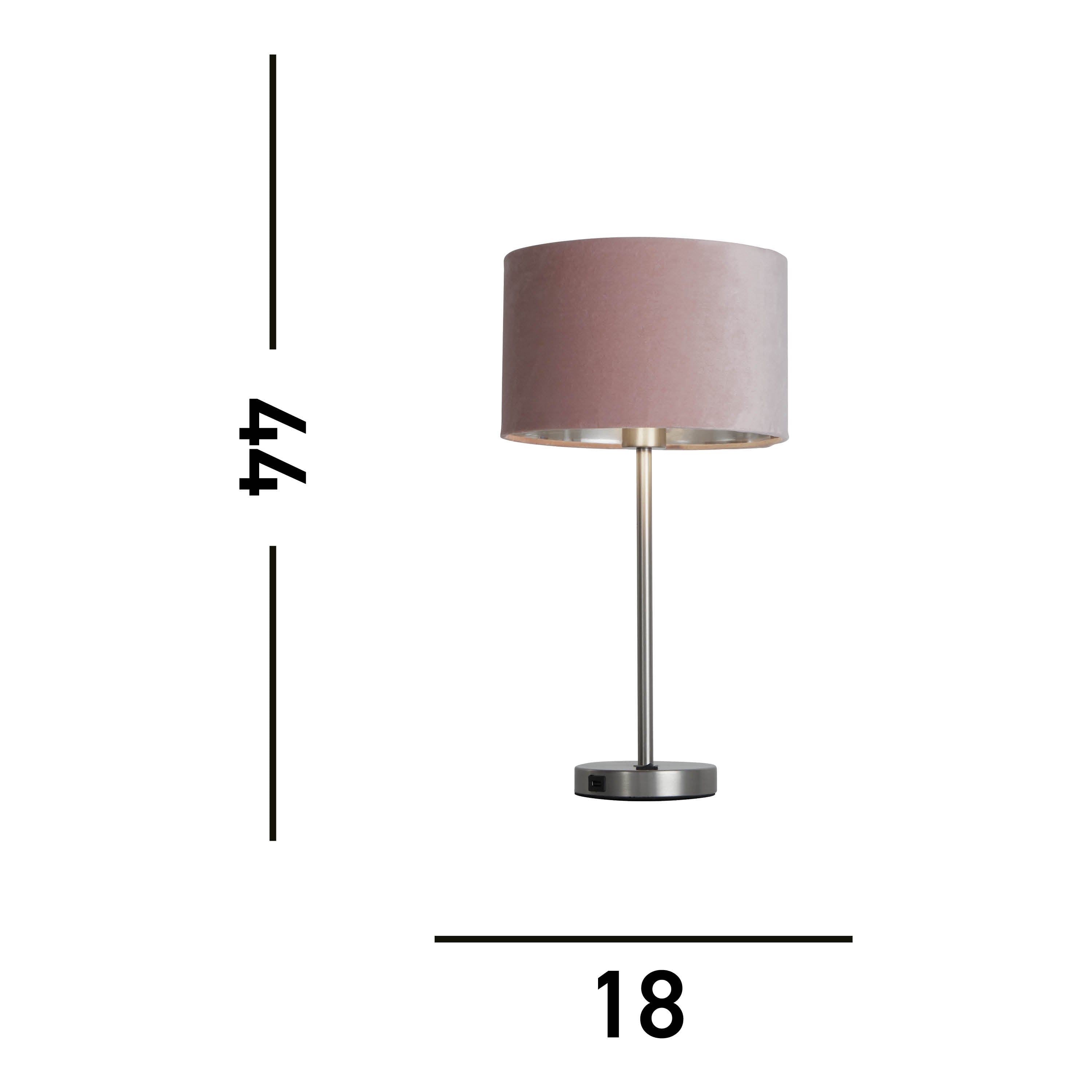 Finn USB Table Lamp - Satin Nickel Metal & Pink Velvet Shade