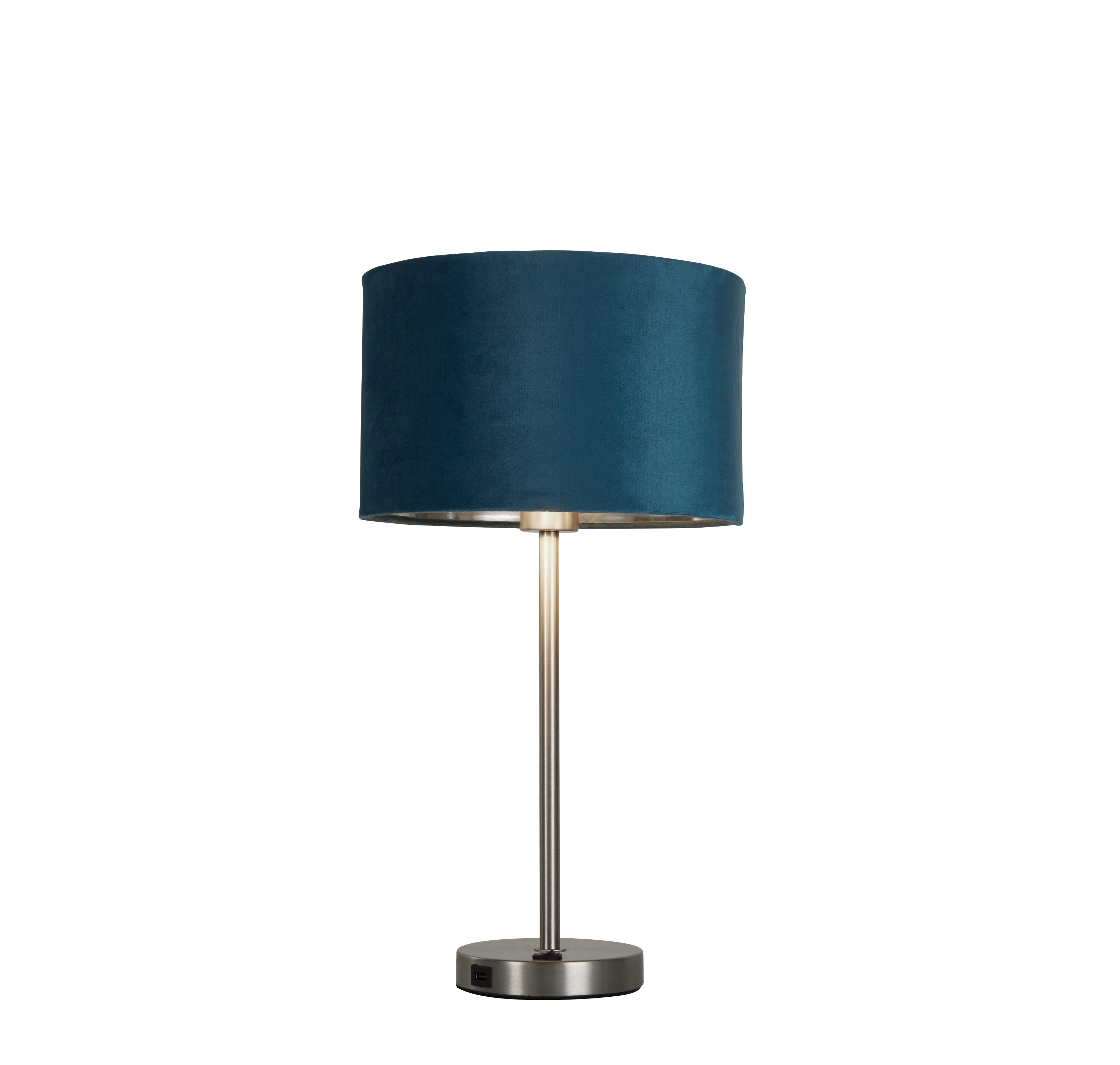 Finn USB Table Lamp - Satin Nickel Metal & Teal Velvet Shade