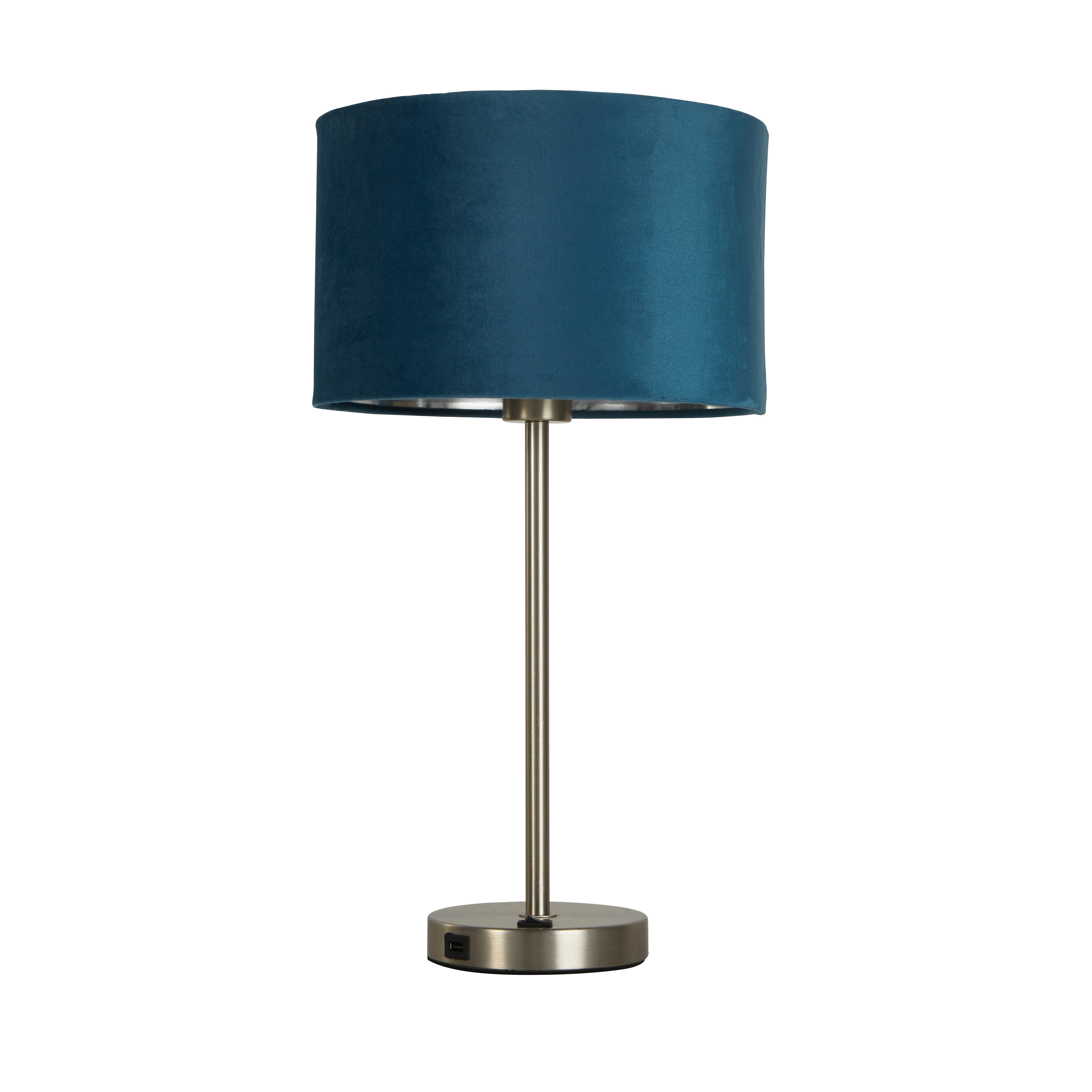 Finn USB Table Lamp - Satin Nickel Metal & Teal Velvet Shade