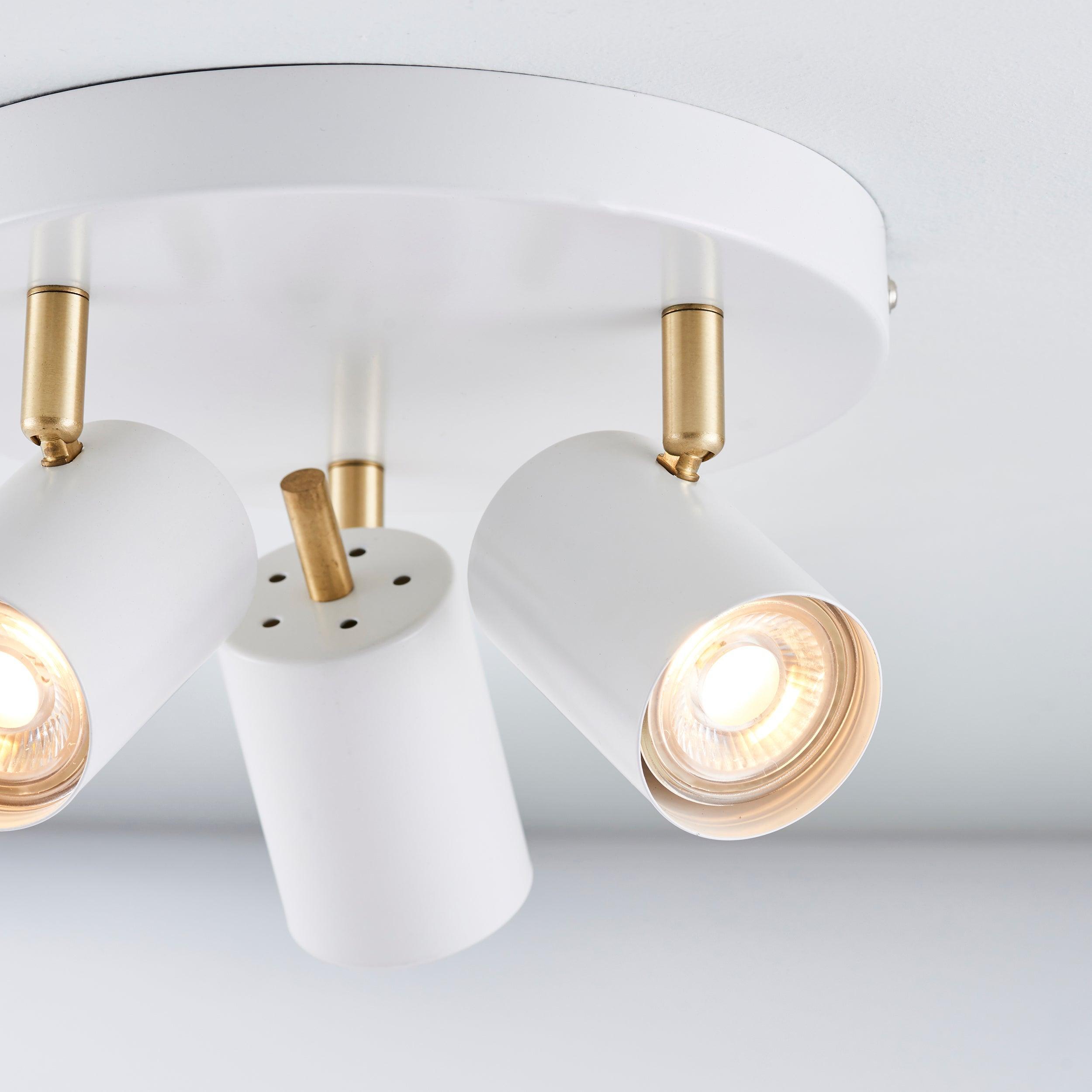 Endon Gull White & Brushed Brass 3 Light LED Spotlight - Zoomed In Shot
