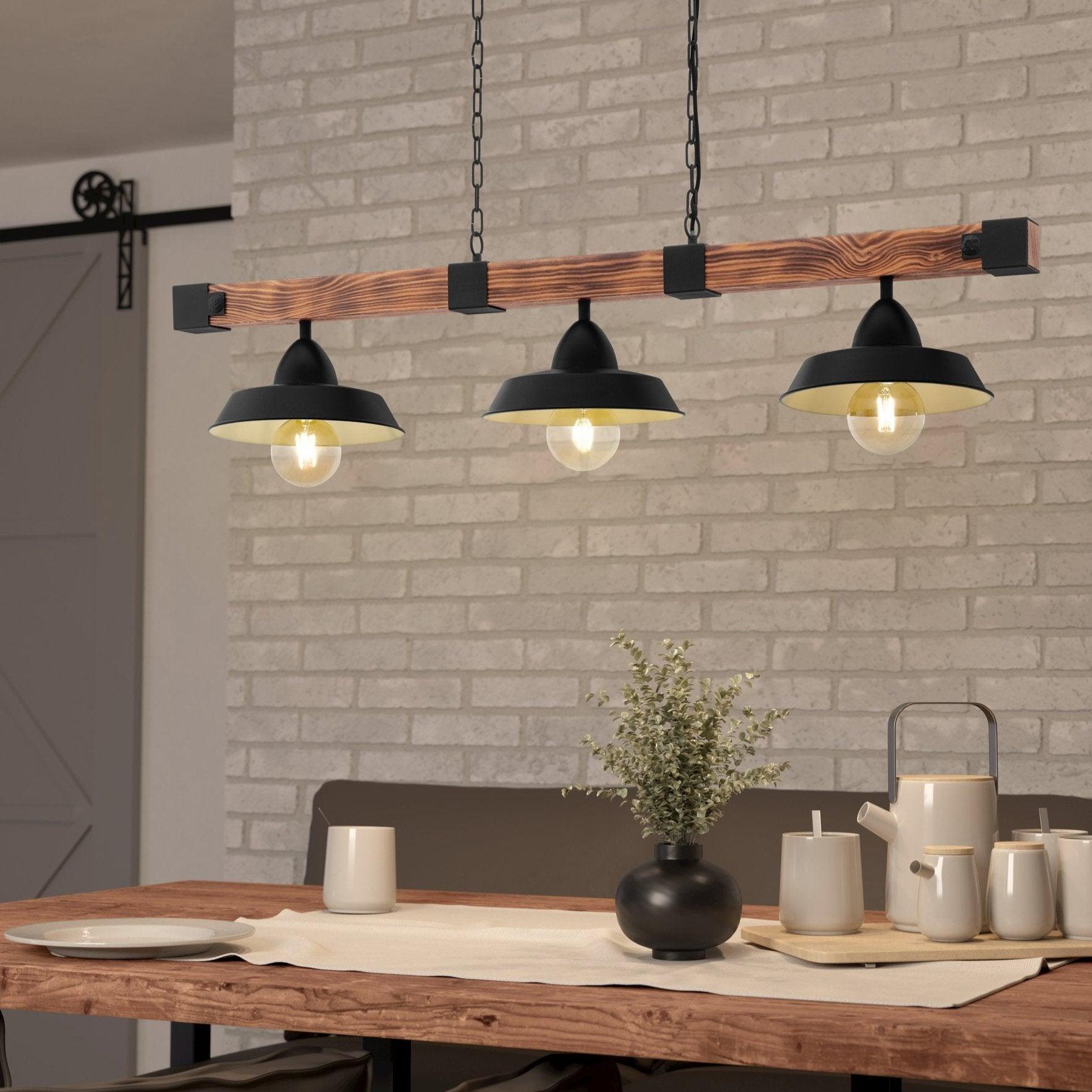 eglo oldbury 3 light burt wood black shaded ceiling pendant