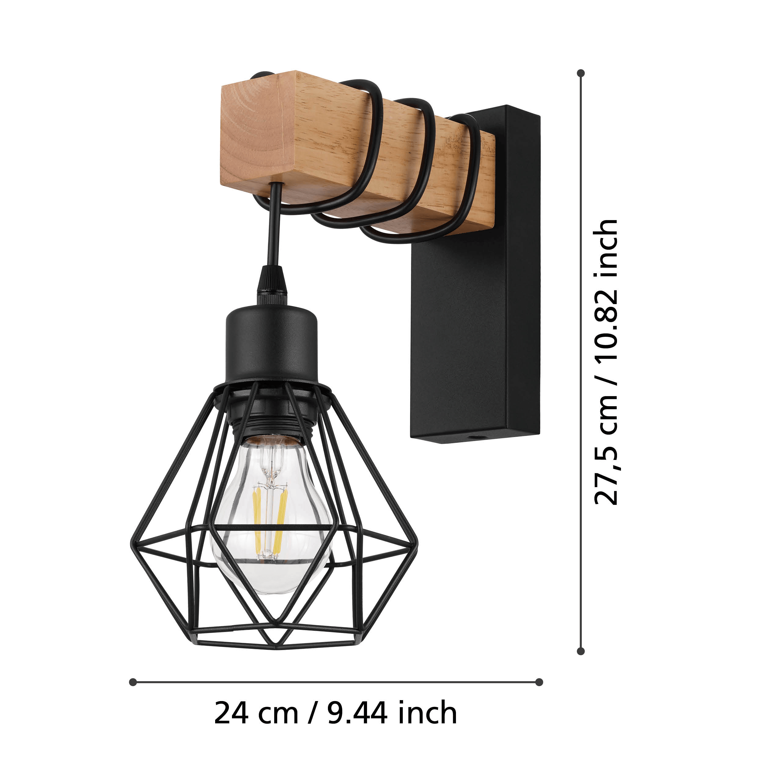 Eglo Townshend 5 Black & Wood Wall Light - Wire Caged Shade