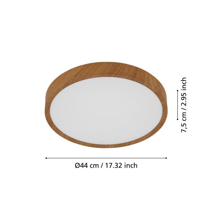 eglo musurita wood effect round led flush ceiling light 44cm living room close up
